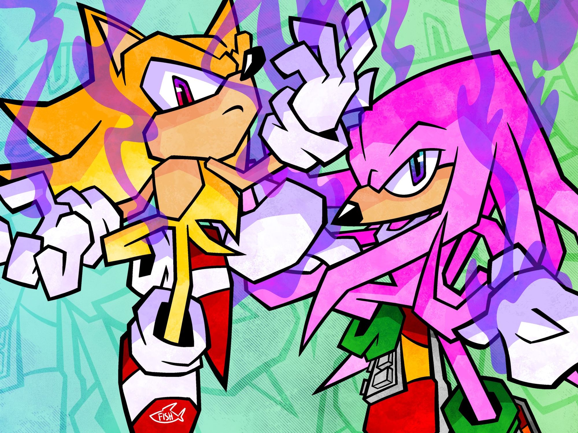 Illustration of Super Sonic and Hyper Knuckles, floating in the air and ready to fight. Purple smoke rising from their hands. 