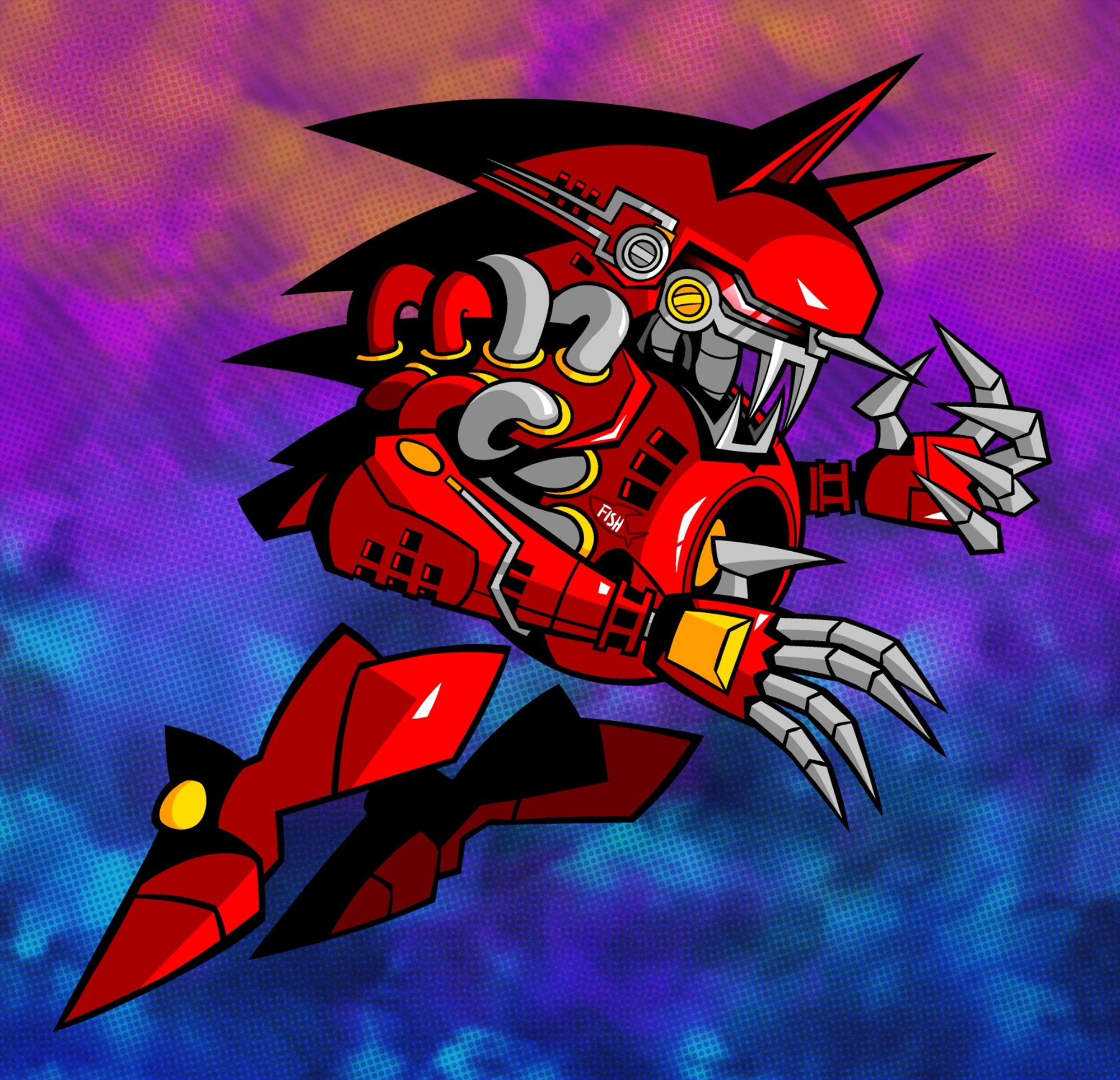 Illustration of Metal Sonic Kai from Knuckles' Chaotix, floating ominously in the air with its claws open.