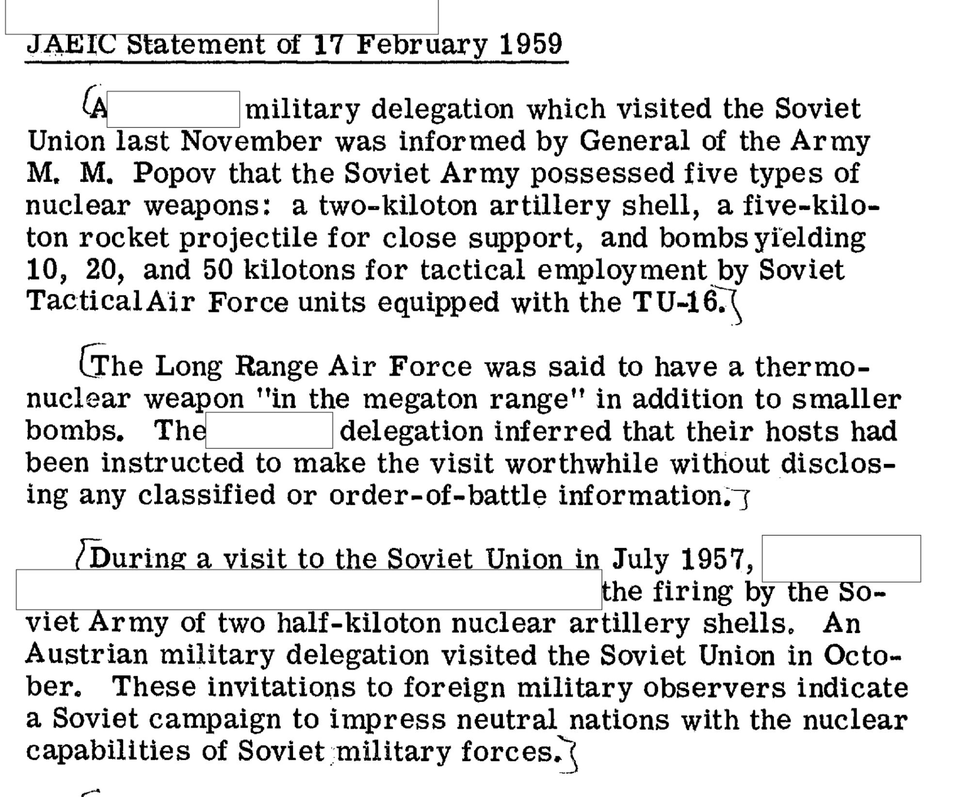 Excerpt from a CIA document with redactions: "A REDACTED military delegation which visited the Soviet Union last November... The REDACTED delegation inferred..."