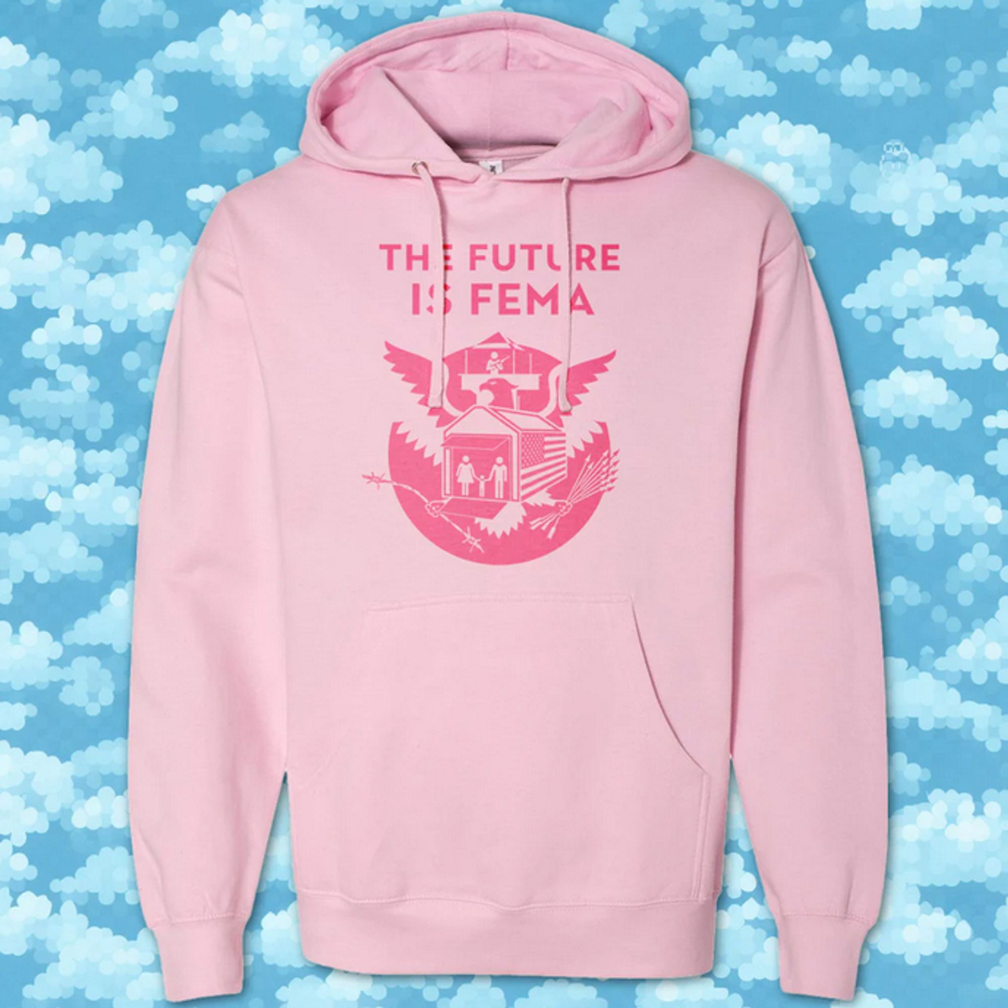 screenshot of a hooded sweatshirt that says "the future is FEMA" with a modified FEMA logo featuring a family sheltering in a temporary structure