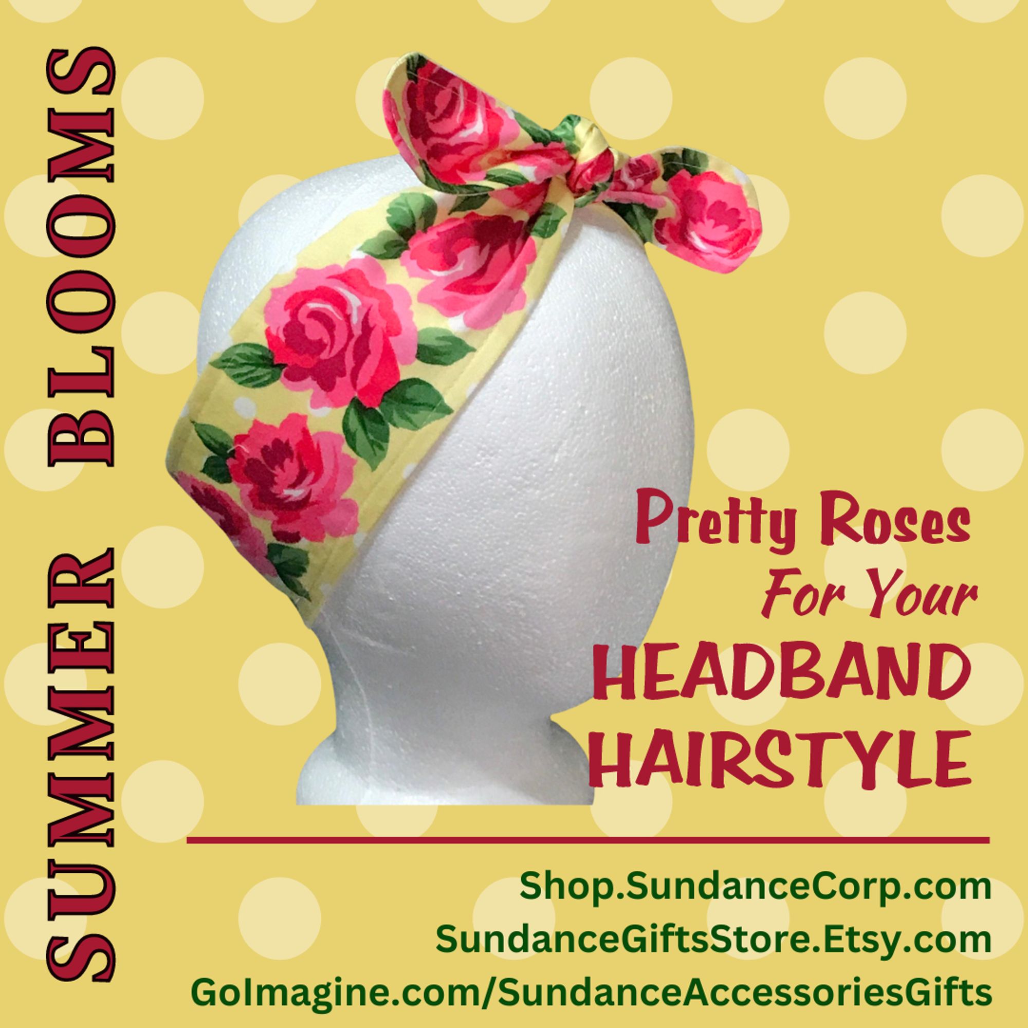 Fabric headband with pink roses with green leaves on light yellow polka dot background. Tied on top of a styrofoam head.