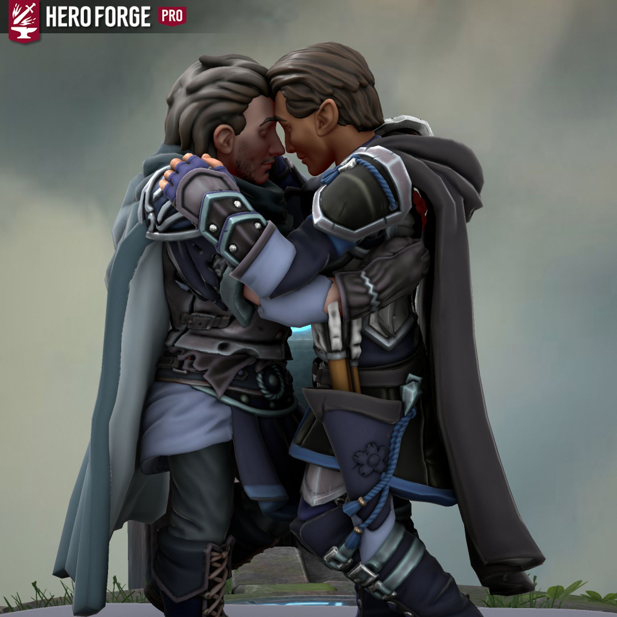 A screenshot of a Hero Forge model. Two men wearing similar blue, grey and black armor with cloaks are pressing their foreheads together and smiling with their eyes closed. The man on the left has ashy skin, medium length grey-brown hair, and a grey-blue cloak. The man on the right has tan skin, short brown hair, and a black cloak.