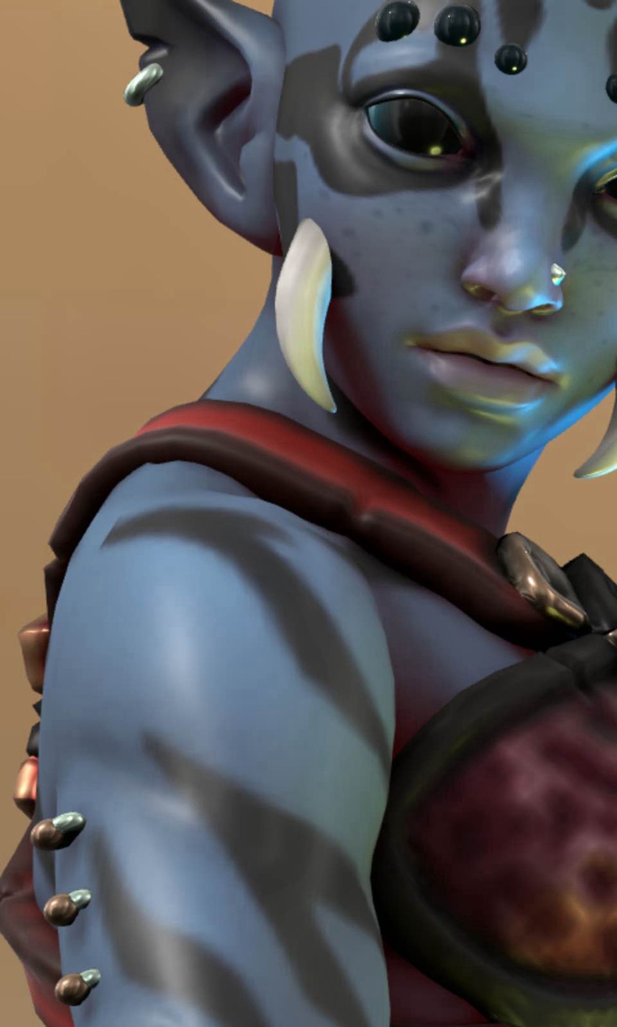 A screenshot of a Hero Forge mode. A blueskinned woman with black stripes and splotches. She is looking over her right shoulder towards the camera. She  has large, pointed ears, black eyes, spider-like fangs, and spider-like eyes on her forehead. She is wearing a red-leather breastplate. She has three silver- and brass-colored ring piercings on the back of her right bicep. She also has a silver ring in the side of her ear and a small silver stud on the left side of her nose. She has a neutral expression. The background is a solid yellow/tan color.