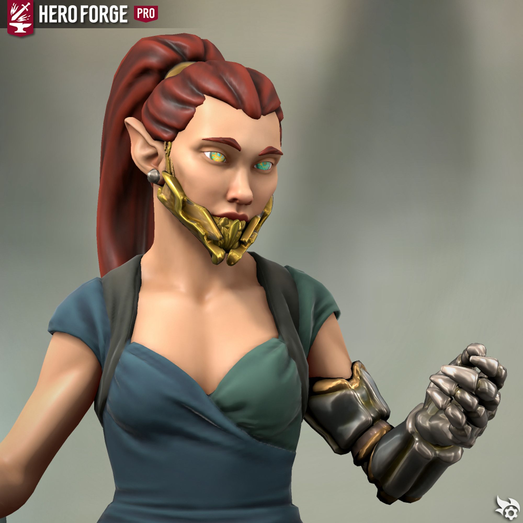 A screenshot of a Hero Forge model. A young elven woman with a red ponytail and heterochromic blue/yellow eyes is looking calmly off to the right. She has a steel-colored metal prosthetic arm and a brass-colored metal prosthetic jaw.