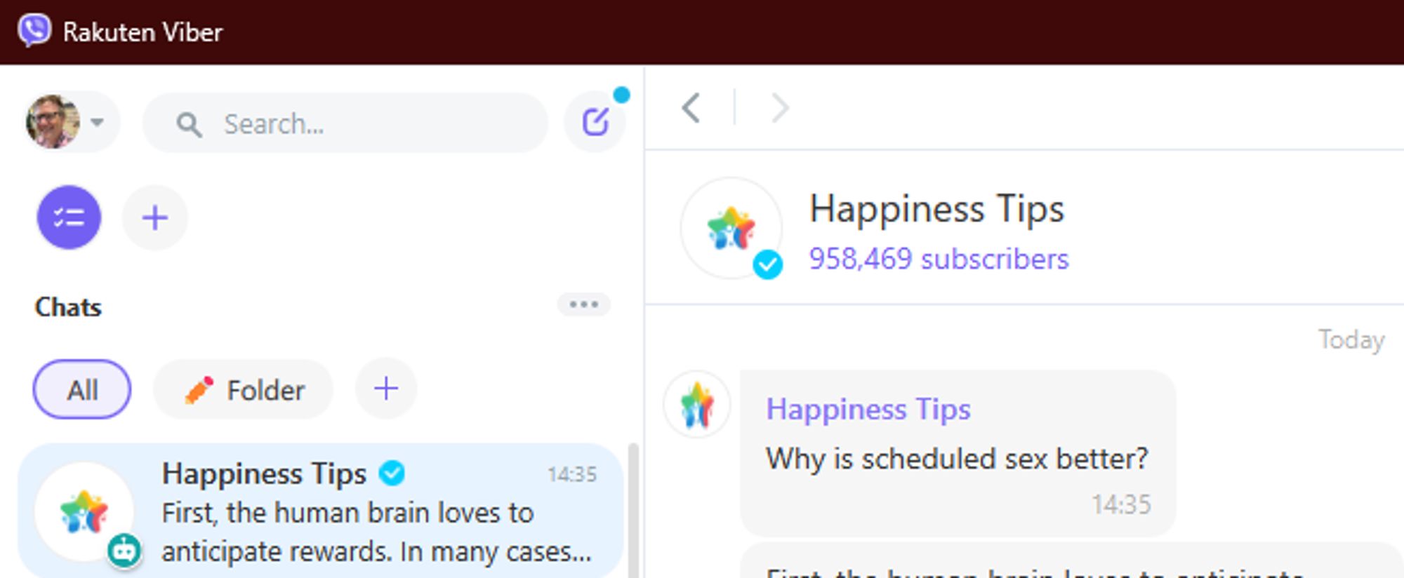 A screengrab from the Viber message app, a message received from 'Happiness Tips' which has 958,469 subscribers. The message read 'Why is schueled sex better?'