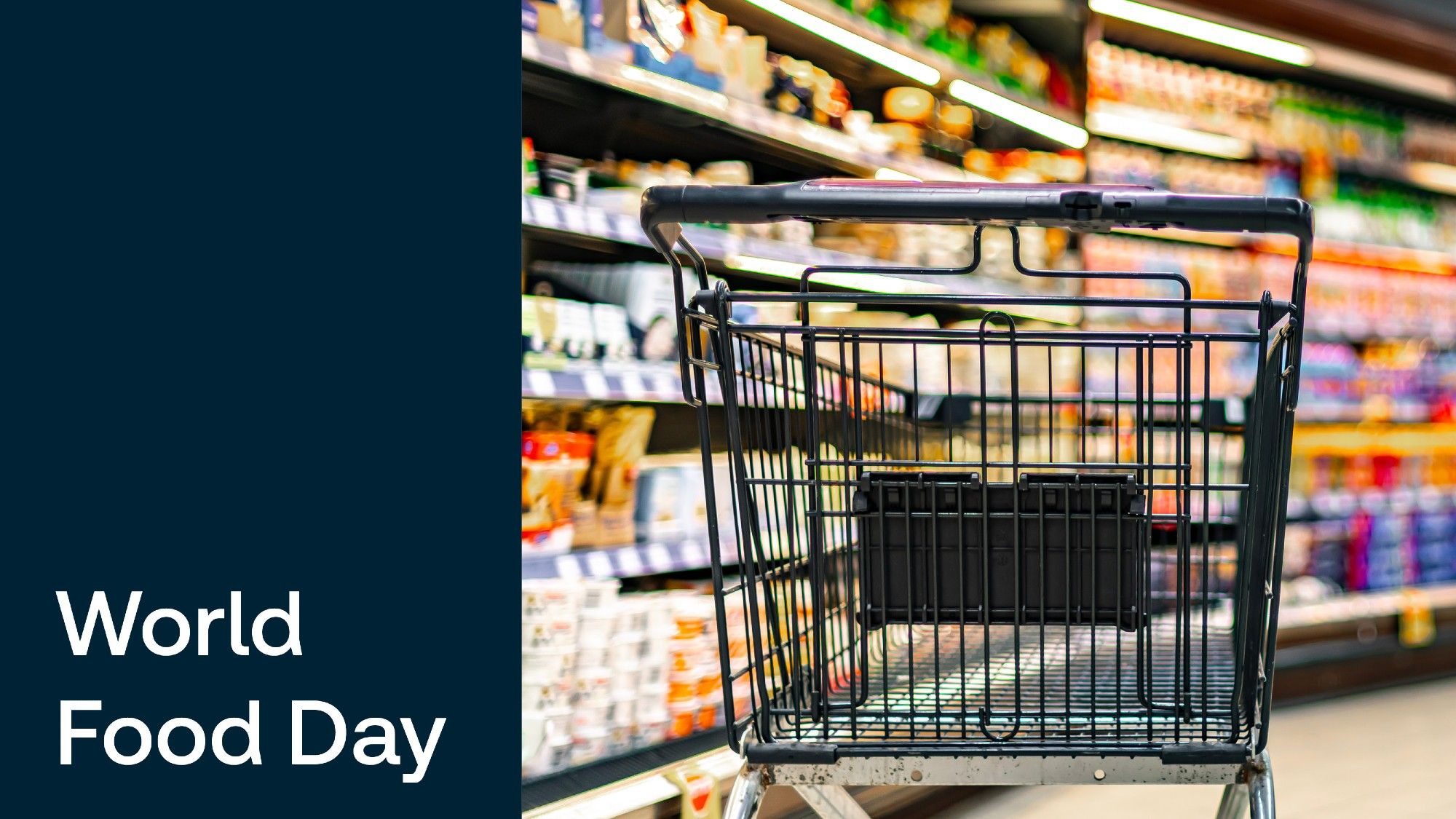 "World Food Day" and a photograph of an empty shopping trolley in a supermarket aisle.