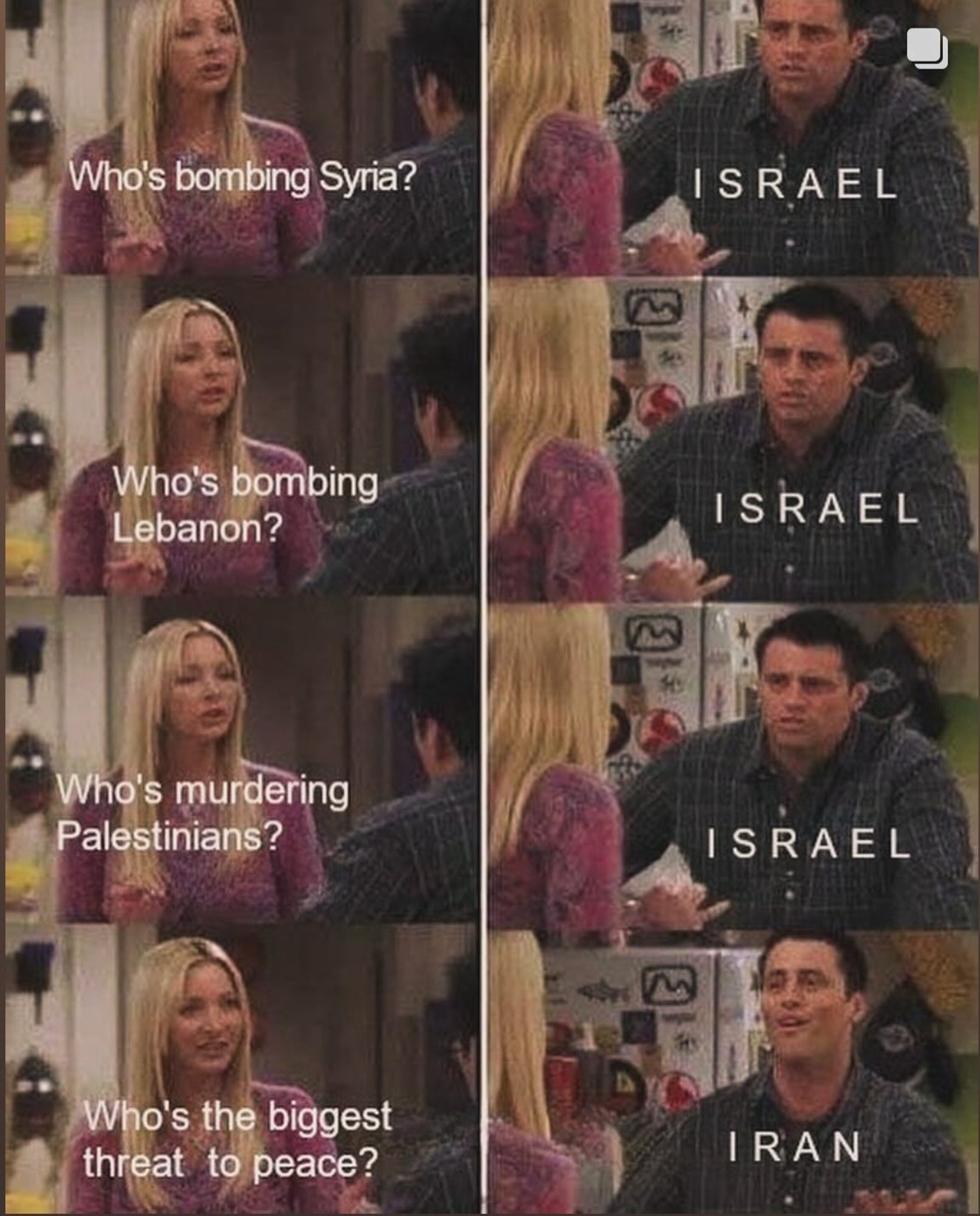 Who's bombing Syria? Israel.
Who's bombing Lebanon? Israel.
Who's murdering Palestinians? Israel.
Who's the biggest threat to peace? 
Iran.