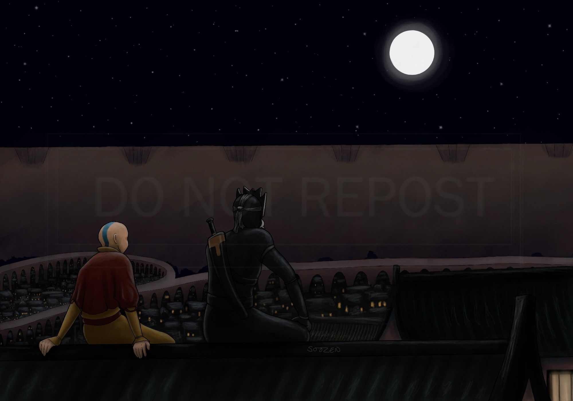 Zuko, dressed as the Blue Spirit, sits with Aang on a rooftop in Ba Sing Se at night, looking over the Lower Ring.