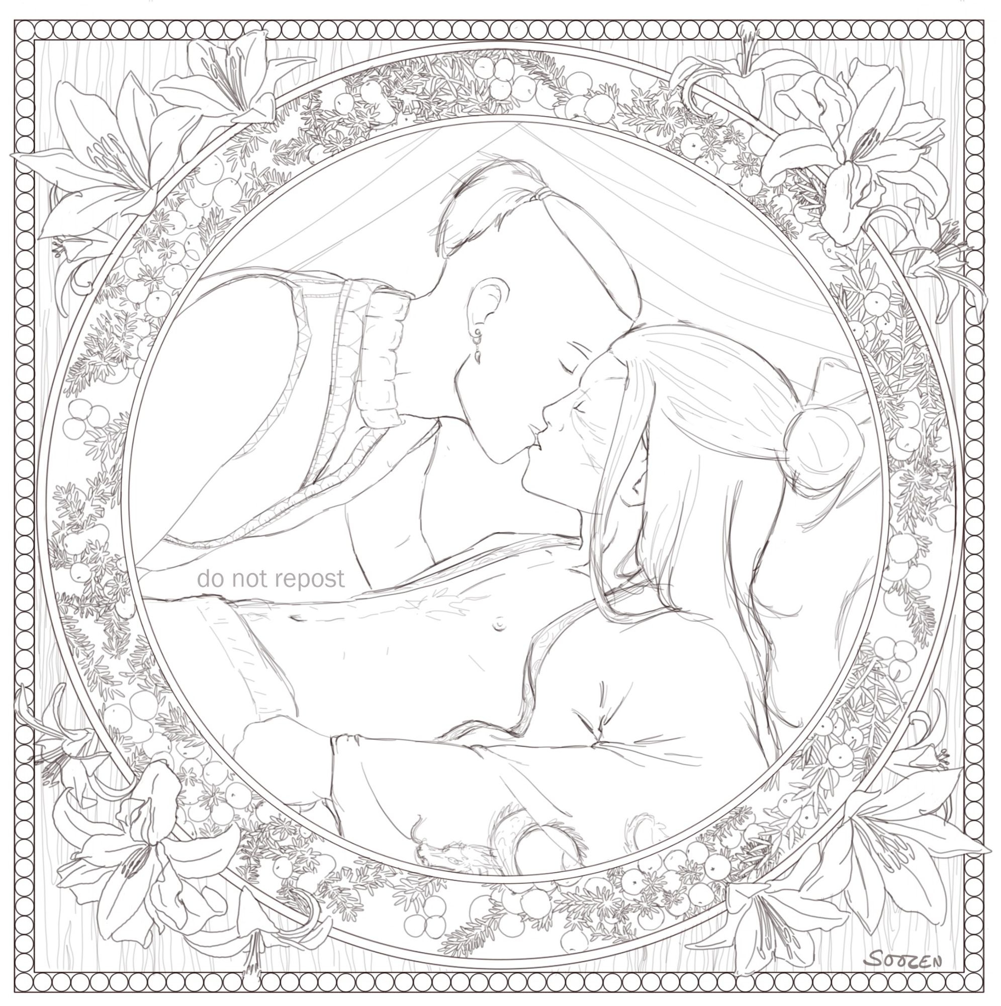 line drawing of Zuko and Sokka about to kiss. Zuko is laying back, propped up on his elbows, and Sokka is leaning over him. There is a circular border around them filled in with crowberries, and fire lilies peak over the border.