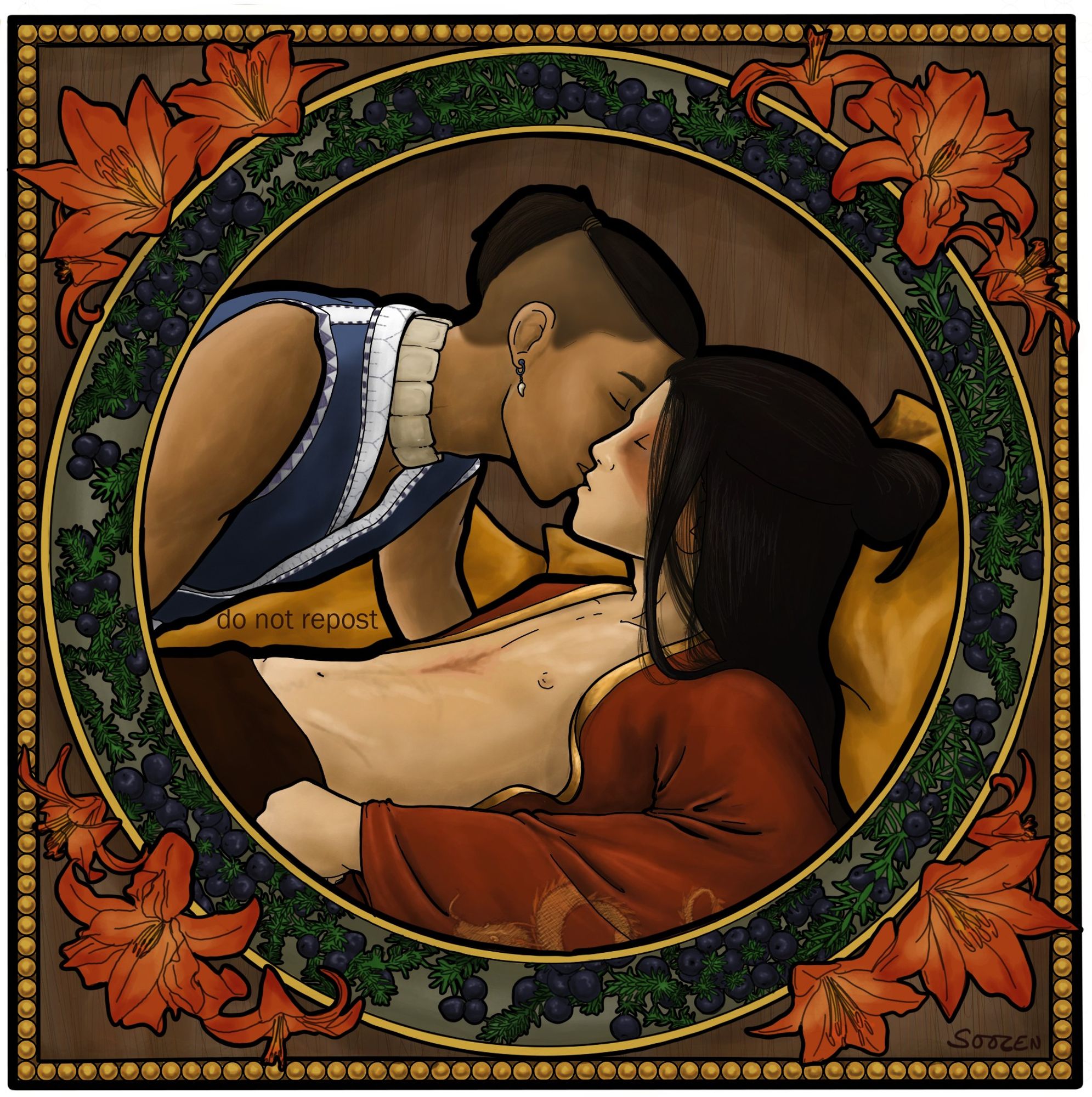 Drawing of Sokka leaning over Zuko to give him a kiss. They're shown from the waist up, and Zuko is reclining with his robes open. They're in a circular frame filled with crowberries, and fire lillies are around the circular frame.