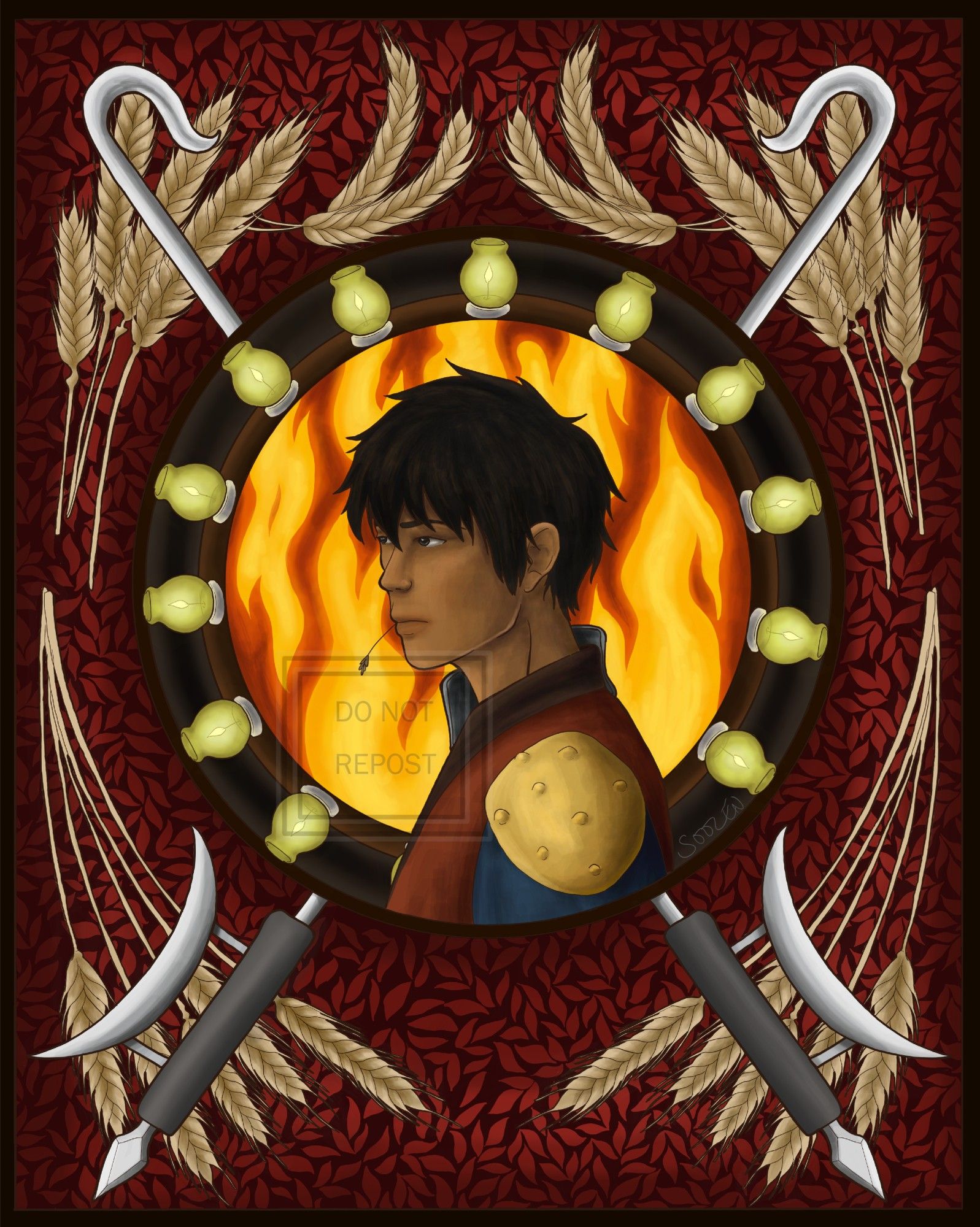 A portrait of Jet from the chest up. He is facing to the left with a serious expression, a circle of fire behind him and repeating circle of green lanterns around that. His hooked blades are crossed behind the fire and lanterns, above a pattern of red leaves and wheat stalks.