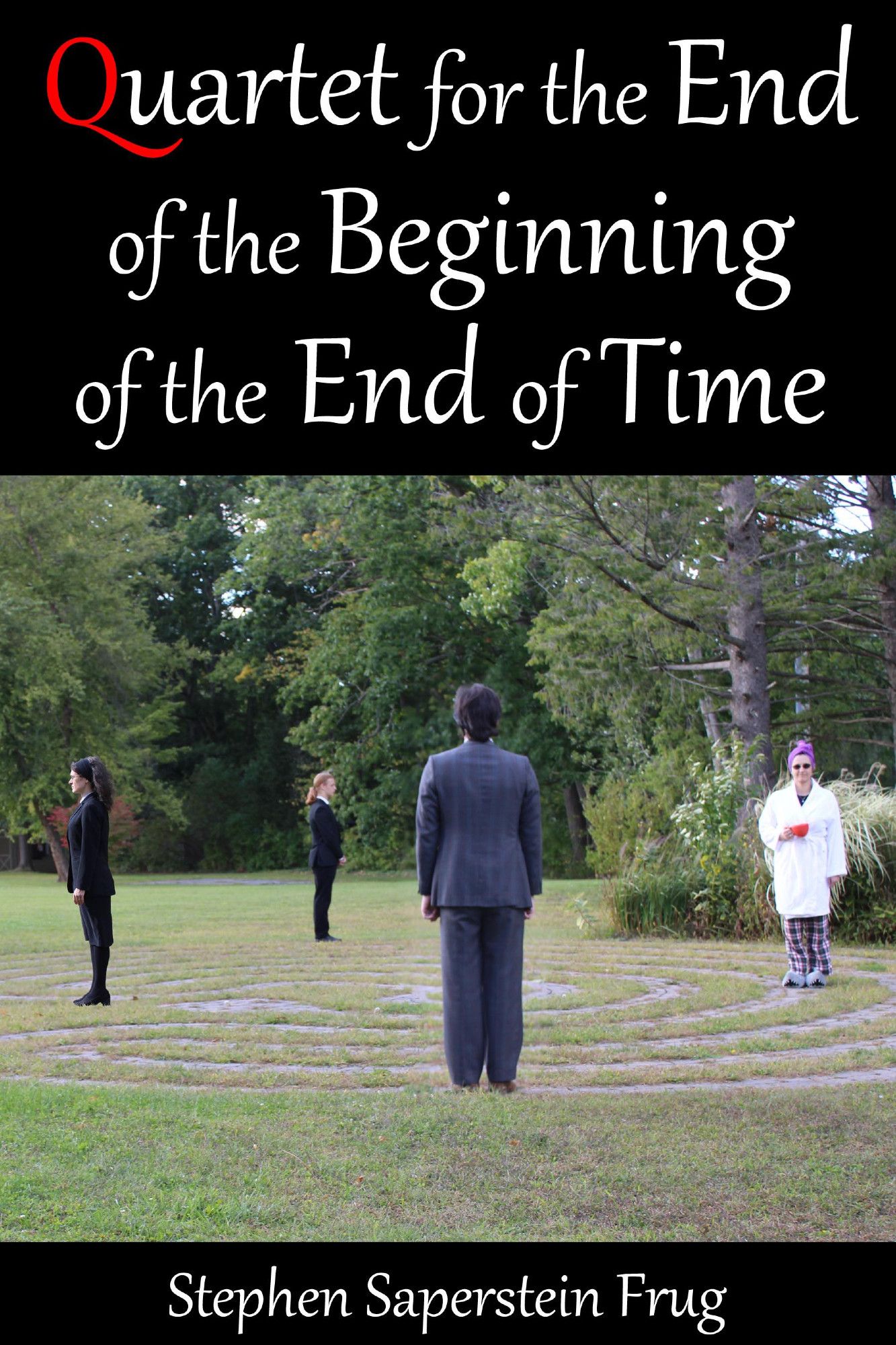 Cover for the short story, "Quartet for the End of the Beginning of Time". It shows four people—three in suits, one in PJs—standing at odd angles in a labyrinth.