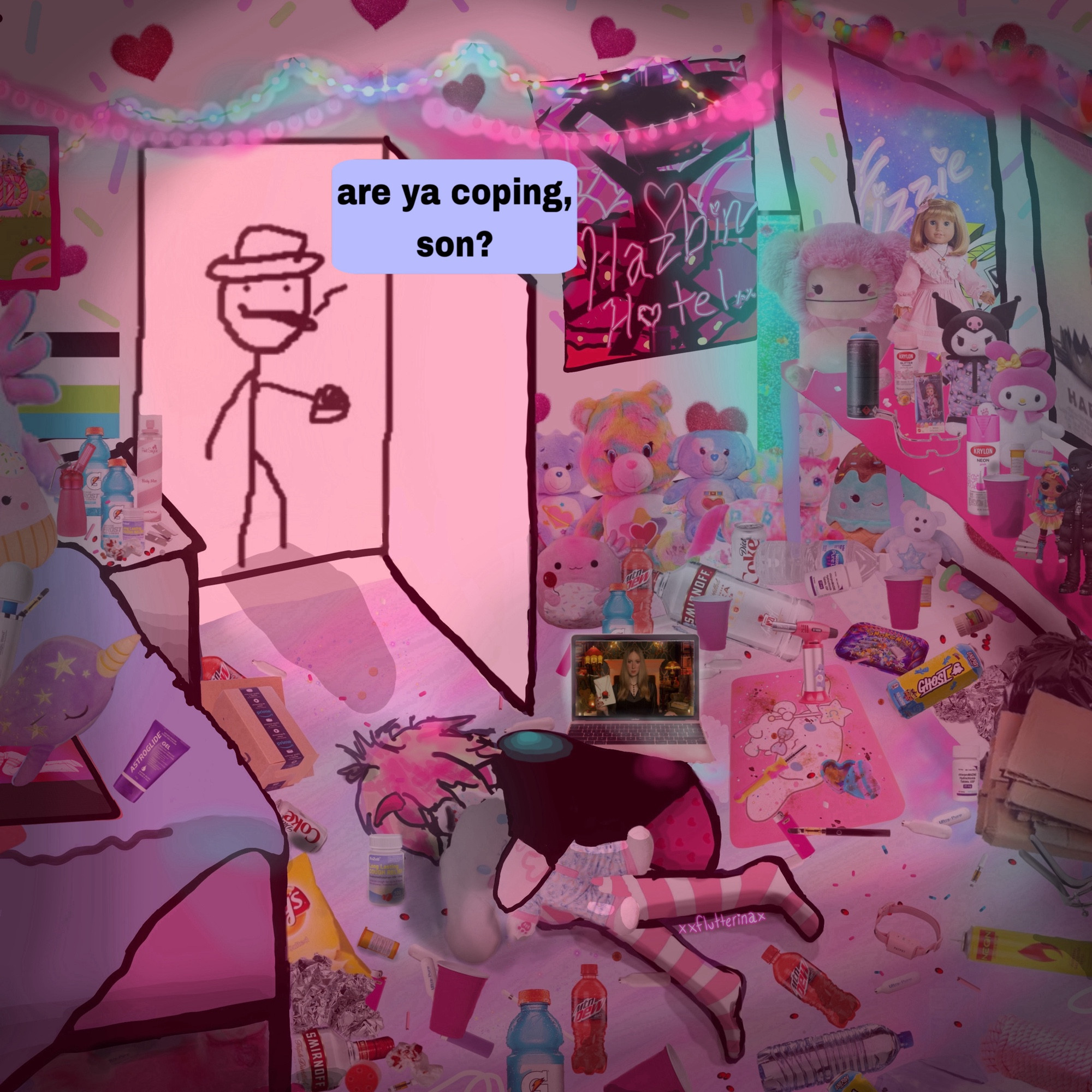 a heavily edited version of the ‘are ya winning, son?’ meme. the dad is standing in the doorway, backlit. he says ‘are ya coping, son?’ 
the son is a femboy in angel dust hazbin hotel closet cosplay curled up on the floor holding a cinnamoroll sanrio plushie. the room is cluttered with toys, stuffed animals, trash, a variety of drug paraphernalia and psychiatric medications. there are hazbin hotel, helluva boss, hard candy 2005, and candyland posters on the walls, and pink string lights. a laptop on the floor is playing contrapoint’s twilight video. there is a sensory bubble tube in one corner. various kink gear is around the room as well, such as a pink shock collar, rope, and a medical gag.