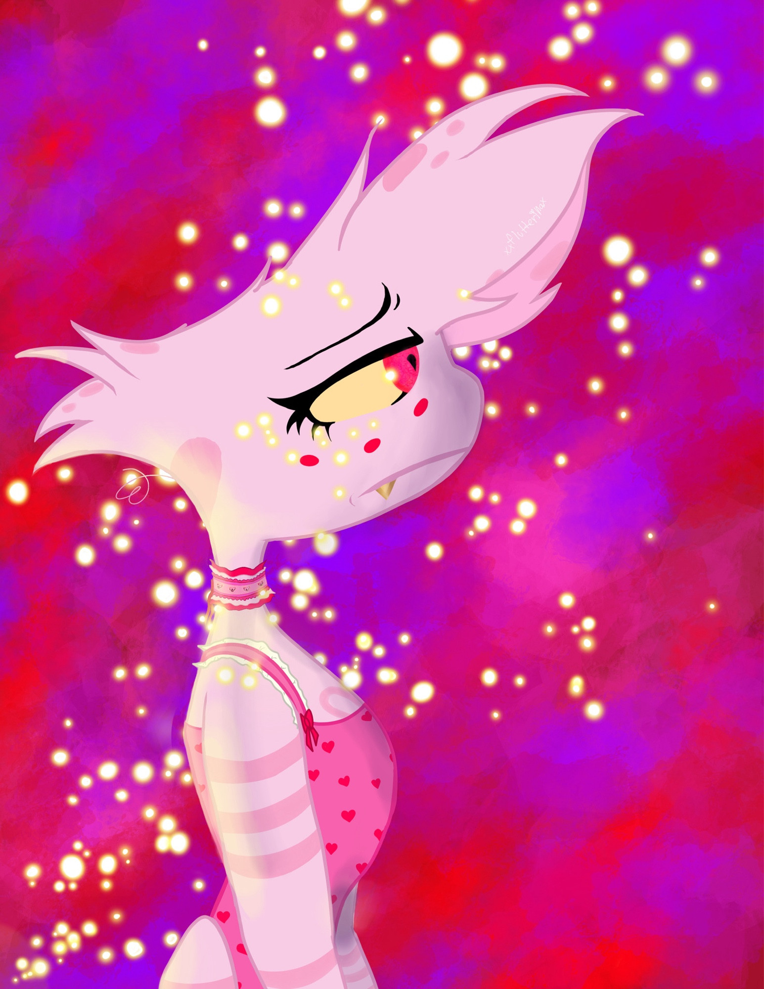 Drawing of Angel Dust Hazbin Hotel by angel alog. Angel is shown in profile, head tilted slightly upwards as he stares into the distance with a hopeless, resigned expression. He is wearing a pink and red, lace trimmed camisole, and a red and pink ribbon kitten collar. His gold tooth pokes out from his mournful expression. He is pictured against a red, pink and purple abstract background, and there are flecks of golden light floating up from behind him.