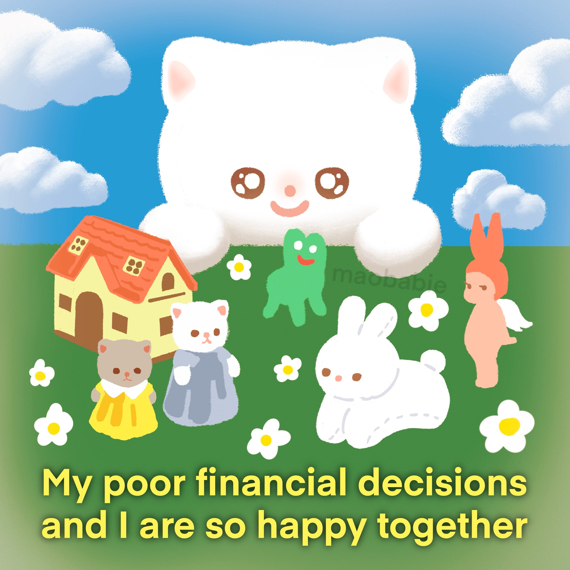 Illustration of blue skies and grassy fields. A large happy looking cat is overseeing all of its favourite toys and Knick knacks laid out on the grass. Caption reads “my poor financial decisions and I are so happy together”