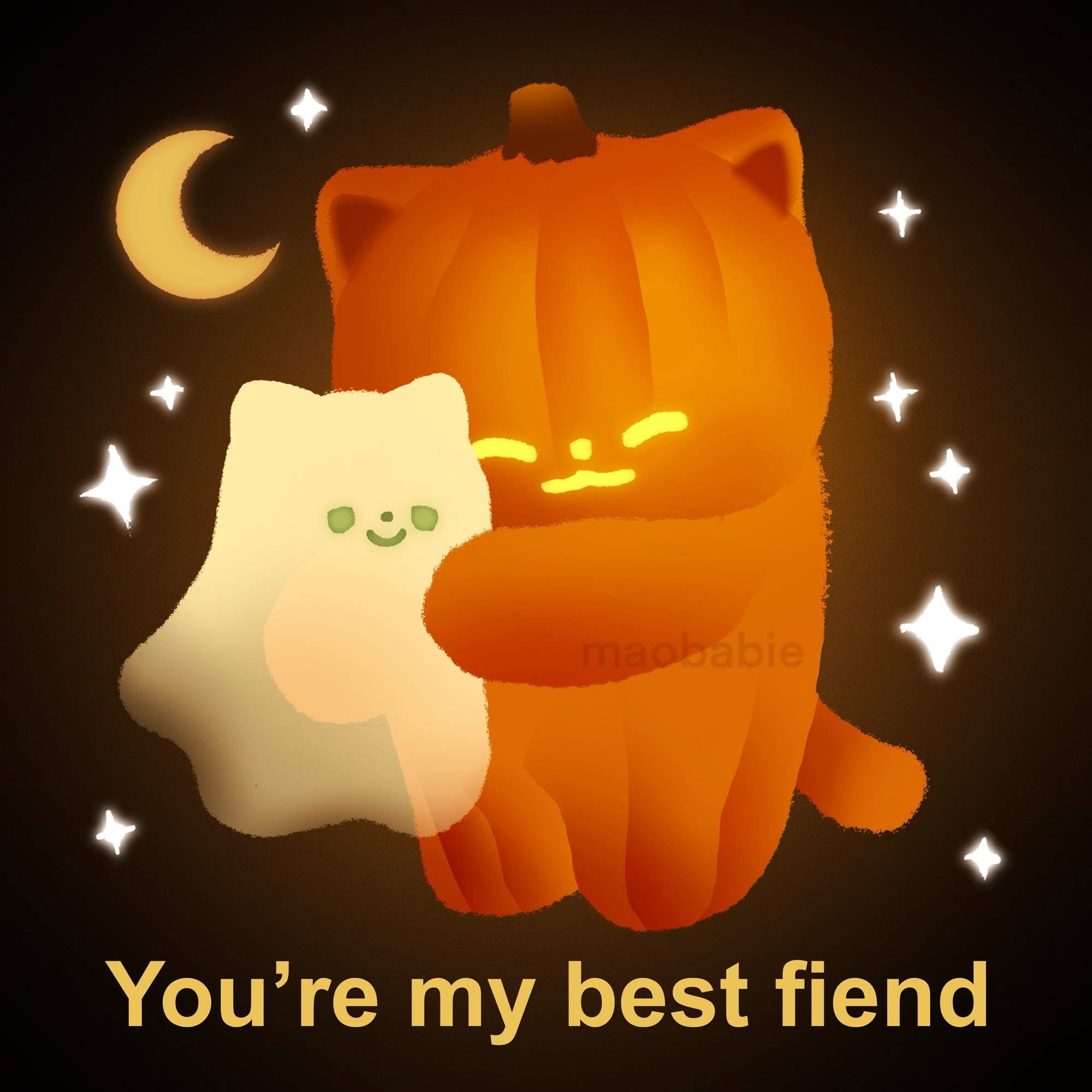 Illustration shows a cat shaped pumpkin creature holding a smaller cat shaped ghost in a friendly hug! They are surrounded by stars and a crescent moon. The caption in the illustration reads “you’re my best fiend”