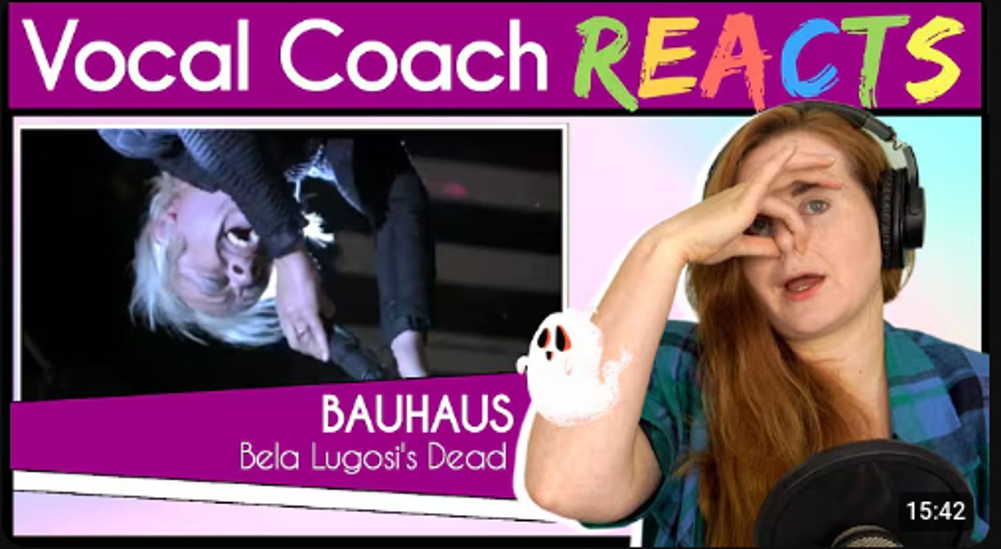 YouTube screenshot for a video called Vocal Coach REACTS to Bauhaus - Bela Lugosi's Dead (live at Coachella 2005), there's a screenshot of Peter Murphy singing upside down, the vocal coach is pinching her nose to indicate that she doesn't care for this at all, and there's a little cheeky ghost there in the middle for some reason and it looks like its fawning over Peter Murphy (a ghost totally would, wouldnt it?) anyway, I haven't seen this video or heard the clip she's reacting to, but surely you should give them man a break he's upside down for pete's sake!