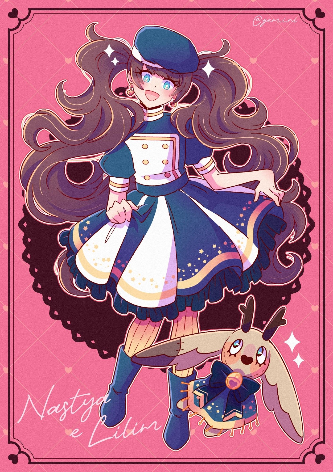 Ilustração da personagem Nastya e Lilim. Nastya usa um vestido azul com detalhes em branco e dourado, ela sorri para o observador. Lilim está aos pés da menina, olhando para ela.