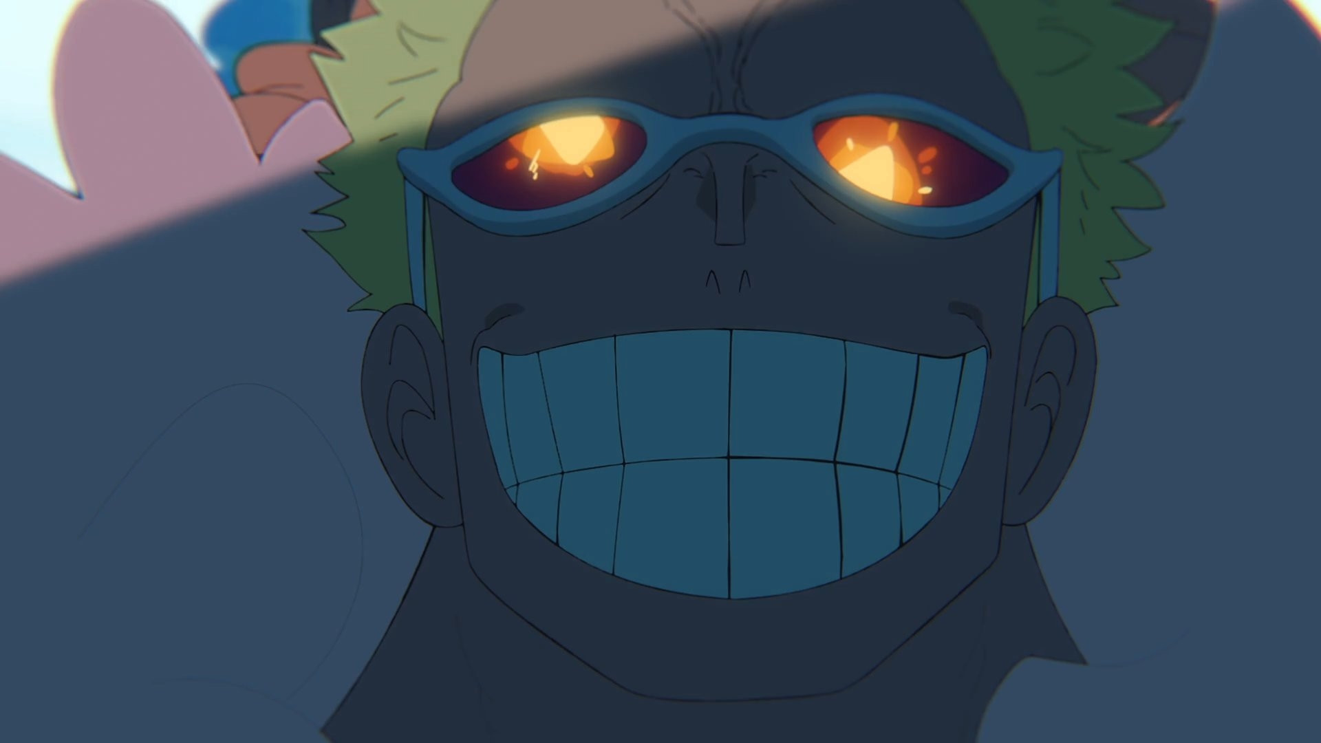 Screenshot do episódio one piece fan letter em que aparece o rosto de Doflamingo em plano pormenor. Ele está sorrindo e em seus óculos há o reflexo de explosões. 