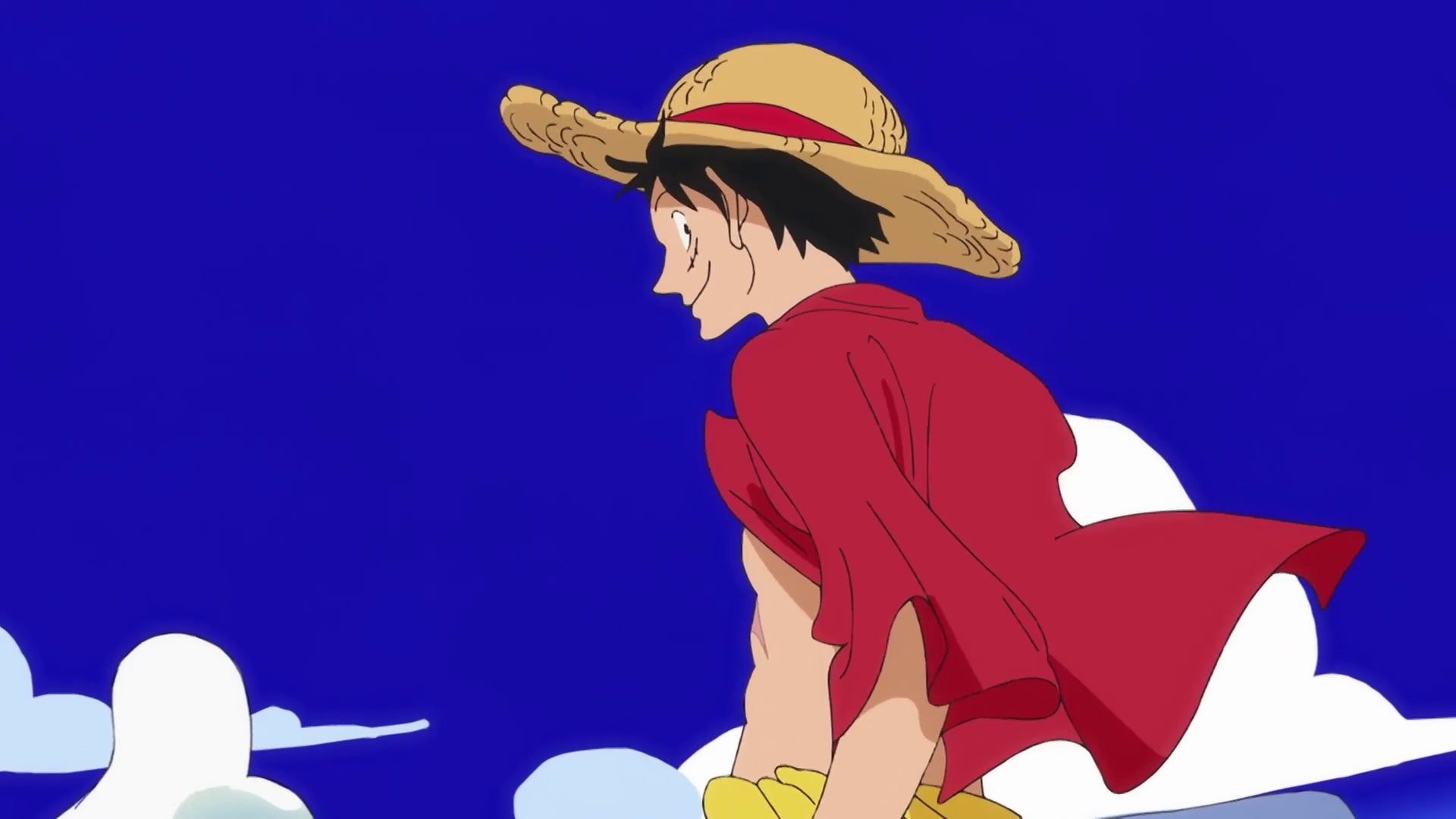 Screenshot do episódio one piece fan letter em que aparece o luffy em um plano americano. Ele esta de perfil, ele observa o observador de canto de olho.