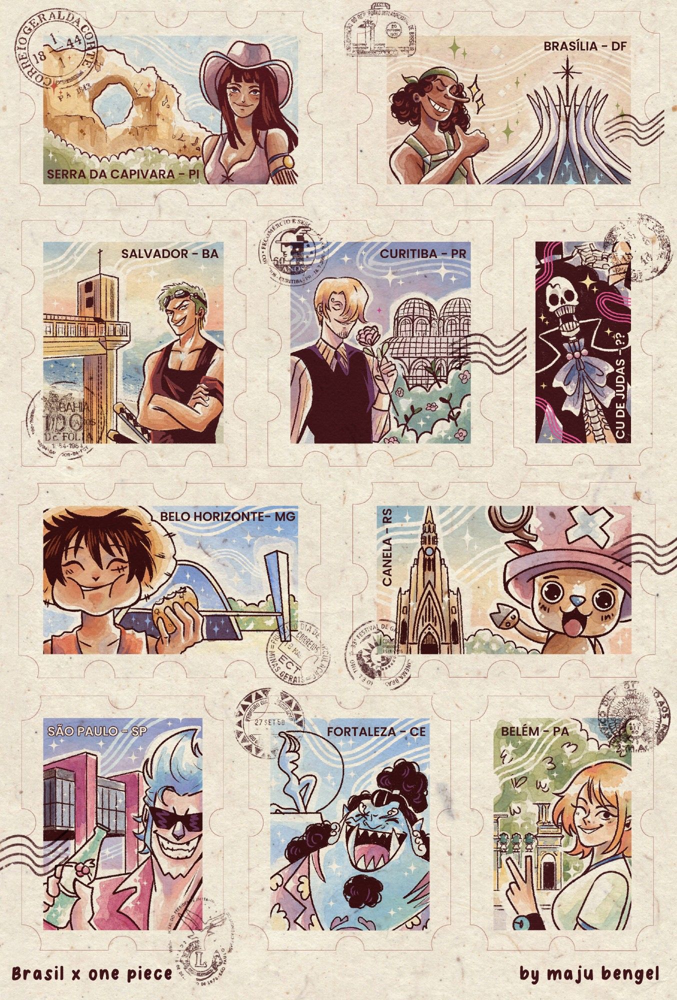 Cartela de Adesivos de One piece, cada membro da tripulação do Luffy está em uma cidade brasileira diferente, posando em distintos pontos turísticos de cada cidade.