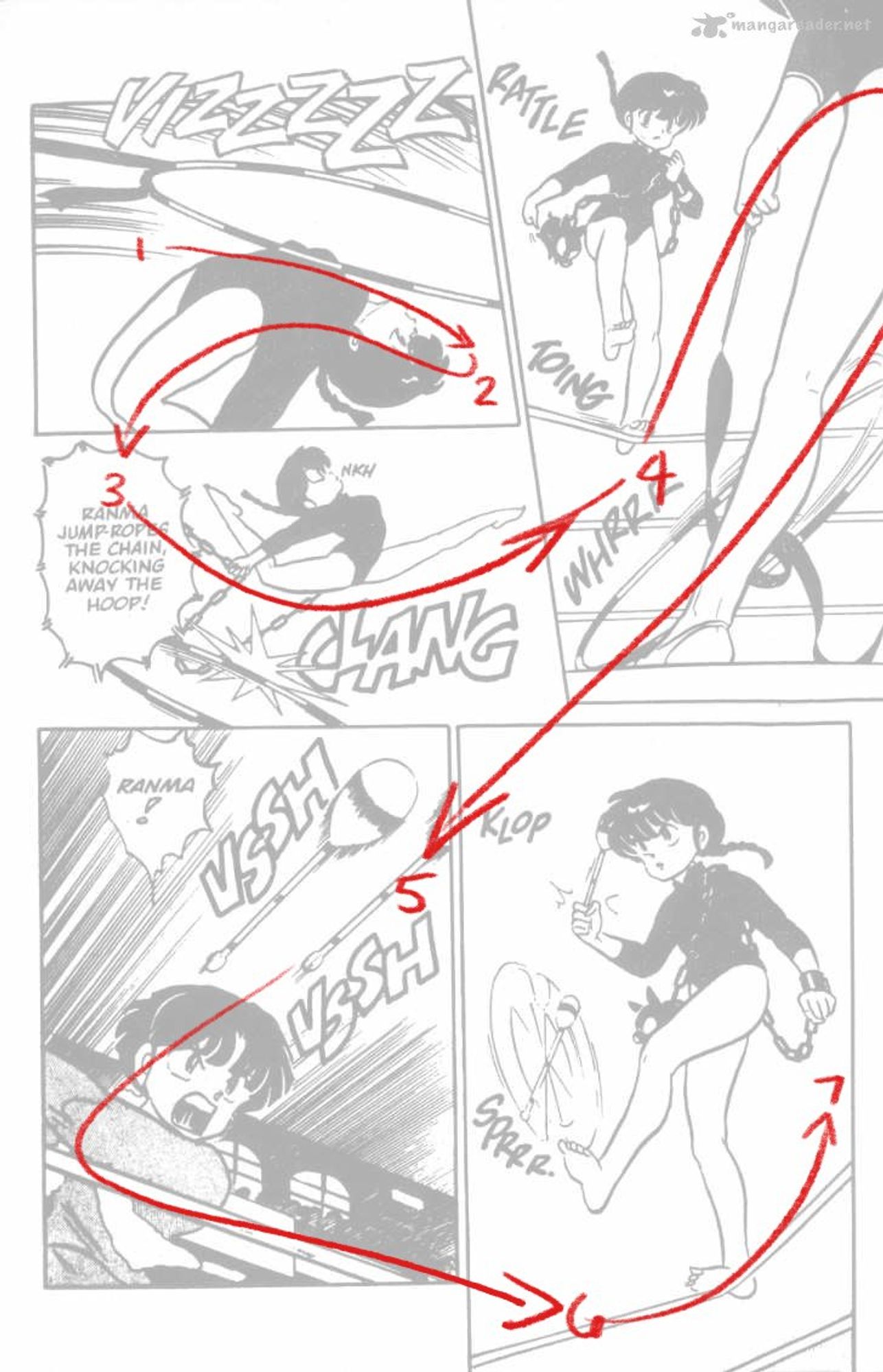 Ranma 1/2 page with red arrows showing the amazing flow