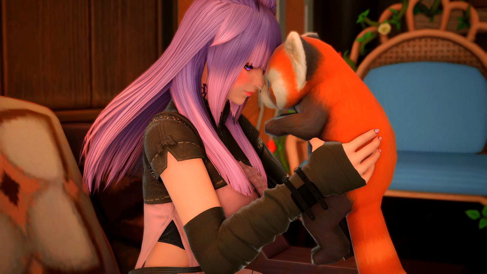 a picture of a young woman holding a red panda taken from the game final fantasy 14. the woman has long purple hair with pink highlights and is wearing a black-and-pink top with above-the-elbo black cloth arm warmers. she holds the panda to her face, smiling peacefully at it.