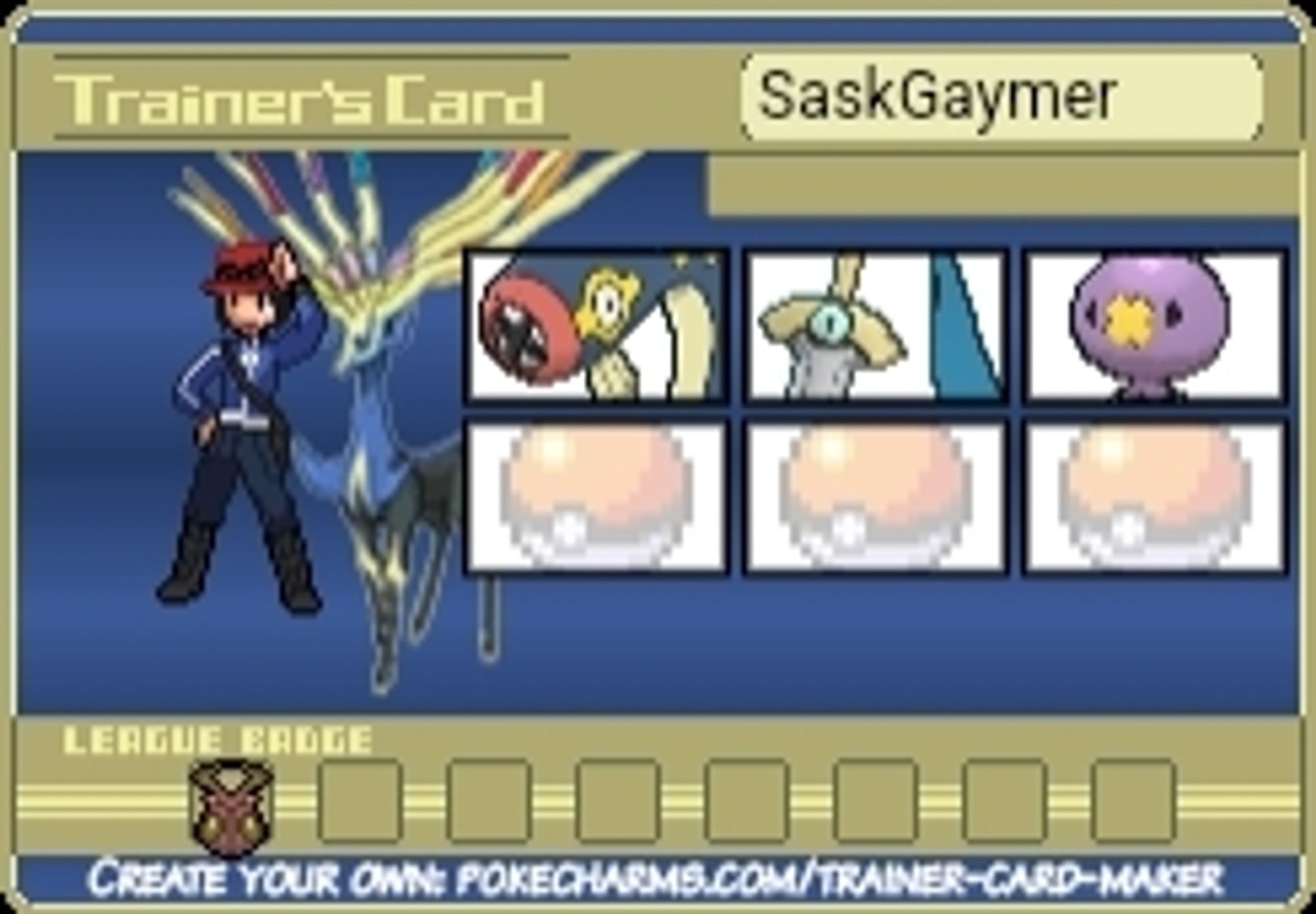 Picture of a Pokemon X Trainer card. Featuring Xerneas in the background. The male player character. The pokemon obtained so far on the right. Eelectrik, Honedge, and Drifloon!