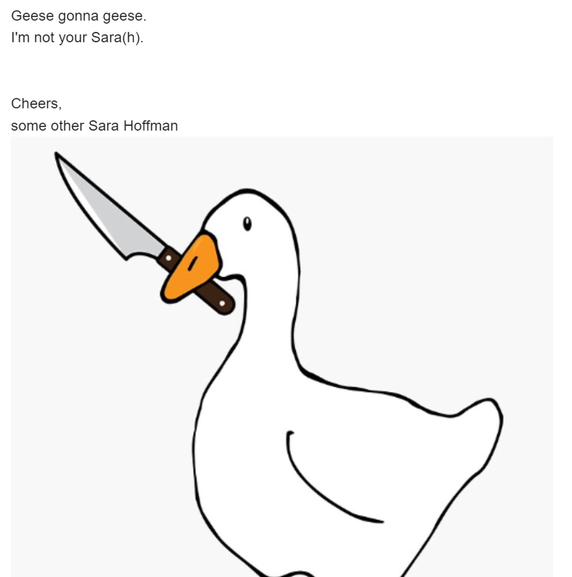 Screenshot of the body of an email. The text reads, "Geese gonna geese. I'm not your Sara(h). Cheers, some other Sara Hoffman"
There is an image attached with the Untitled Goose Game goose with a knife.