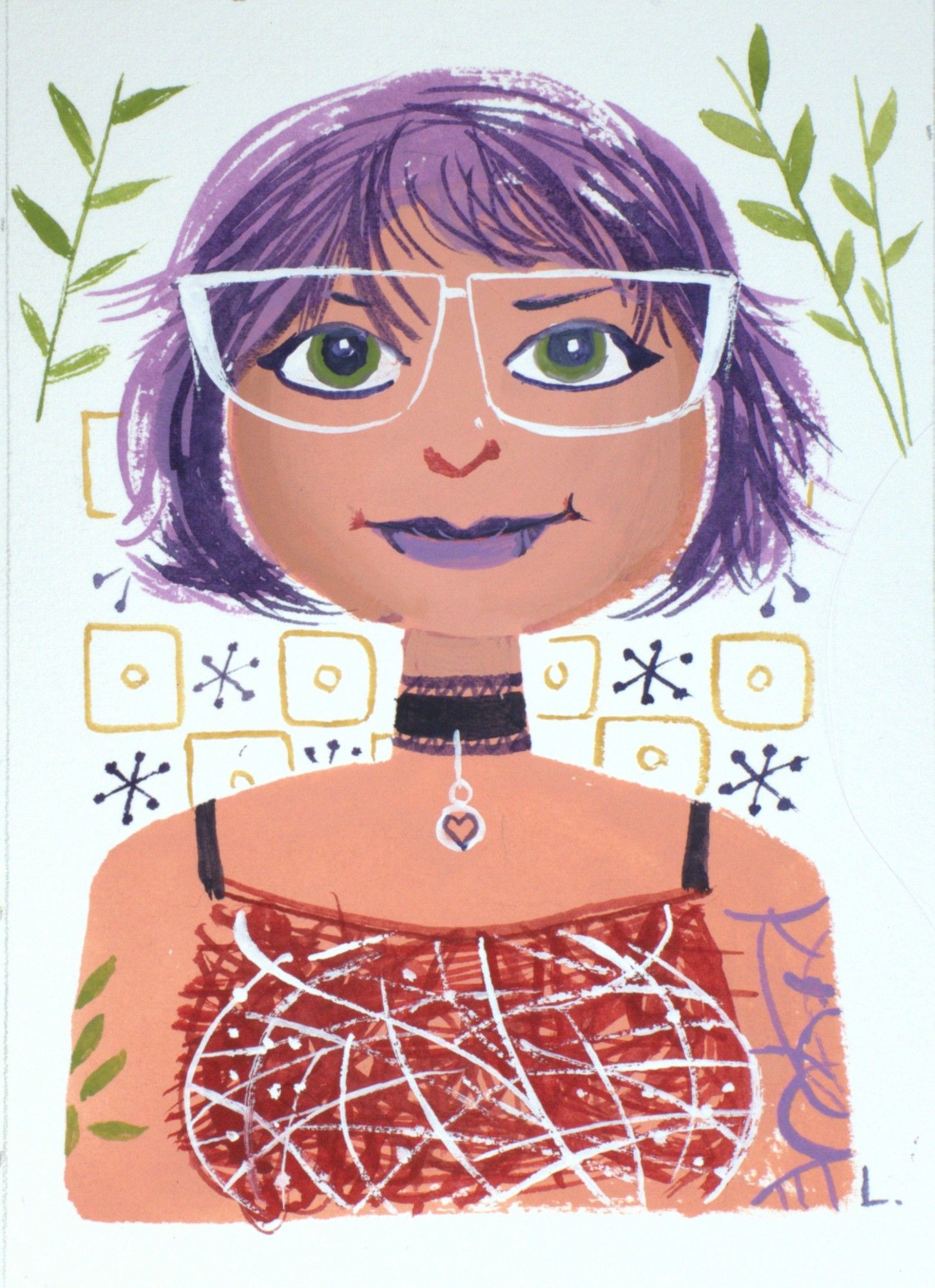 gouache painting of a girl with purple hair and tattoos