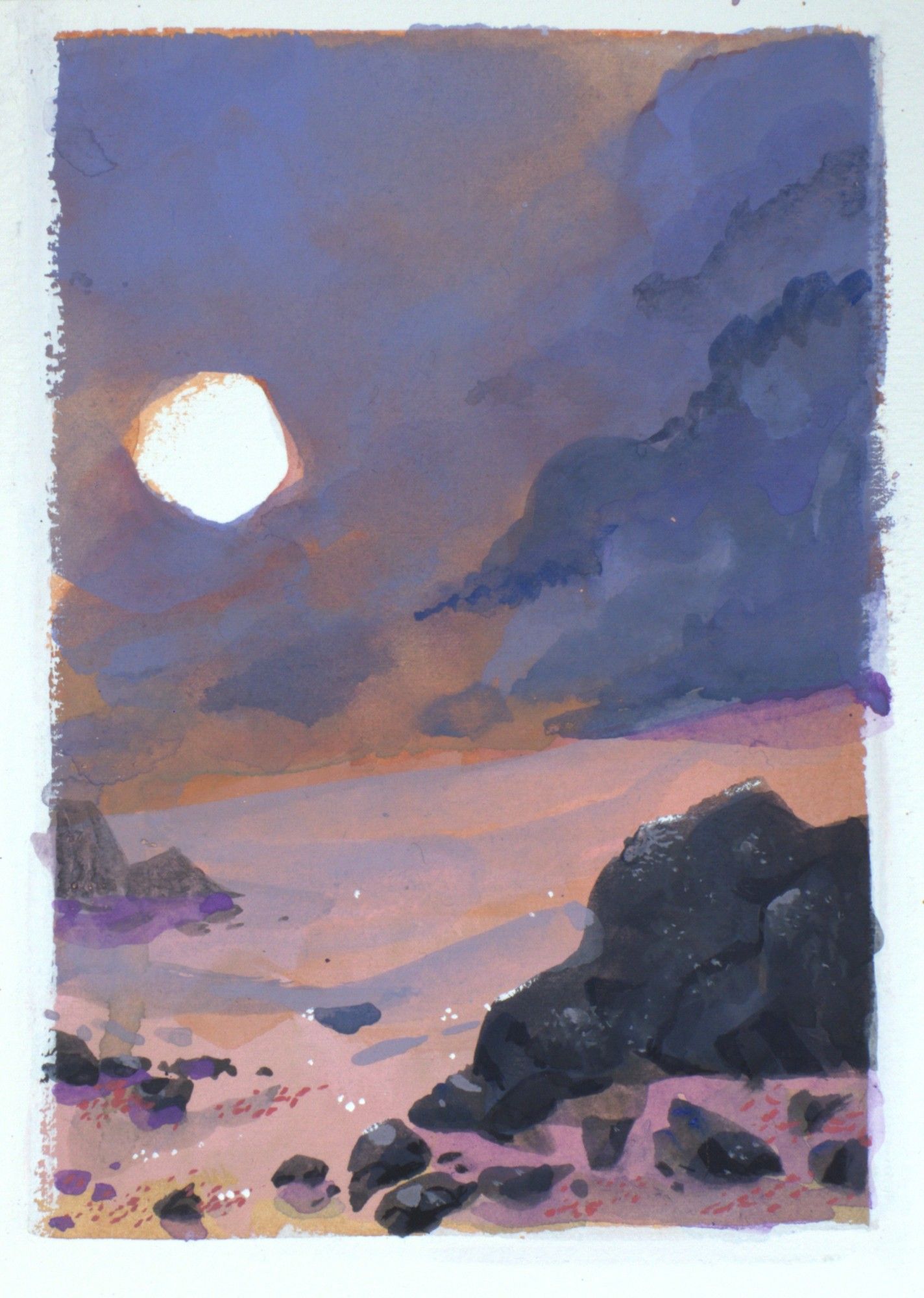 gouache landscape of desert environment with low sun and storm clouds