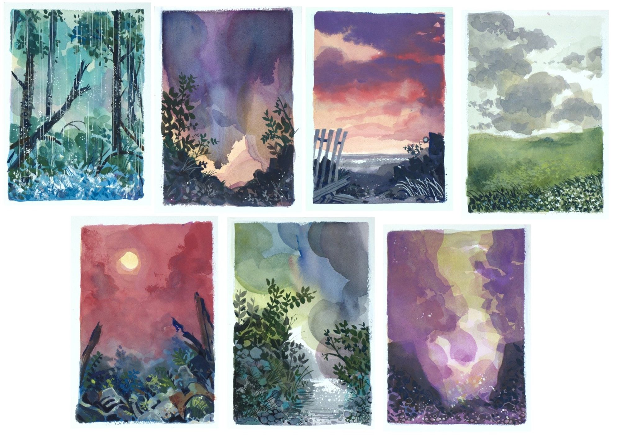 thumbnail images of seven gouache and watercolor landscapes