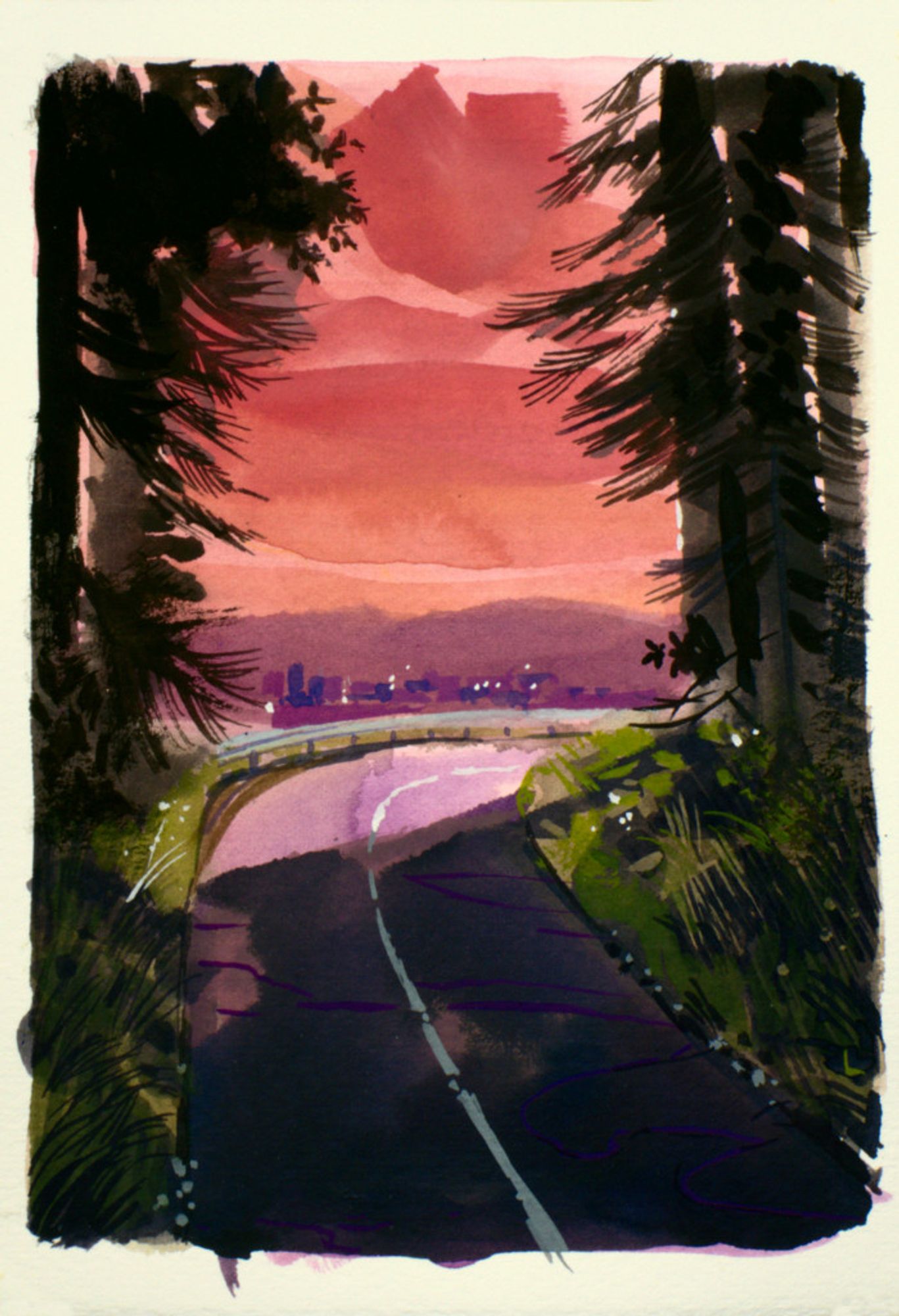 gouache landscape of a road in shadow, with distant city