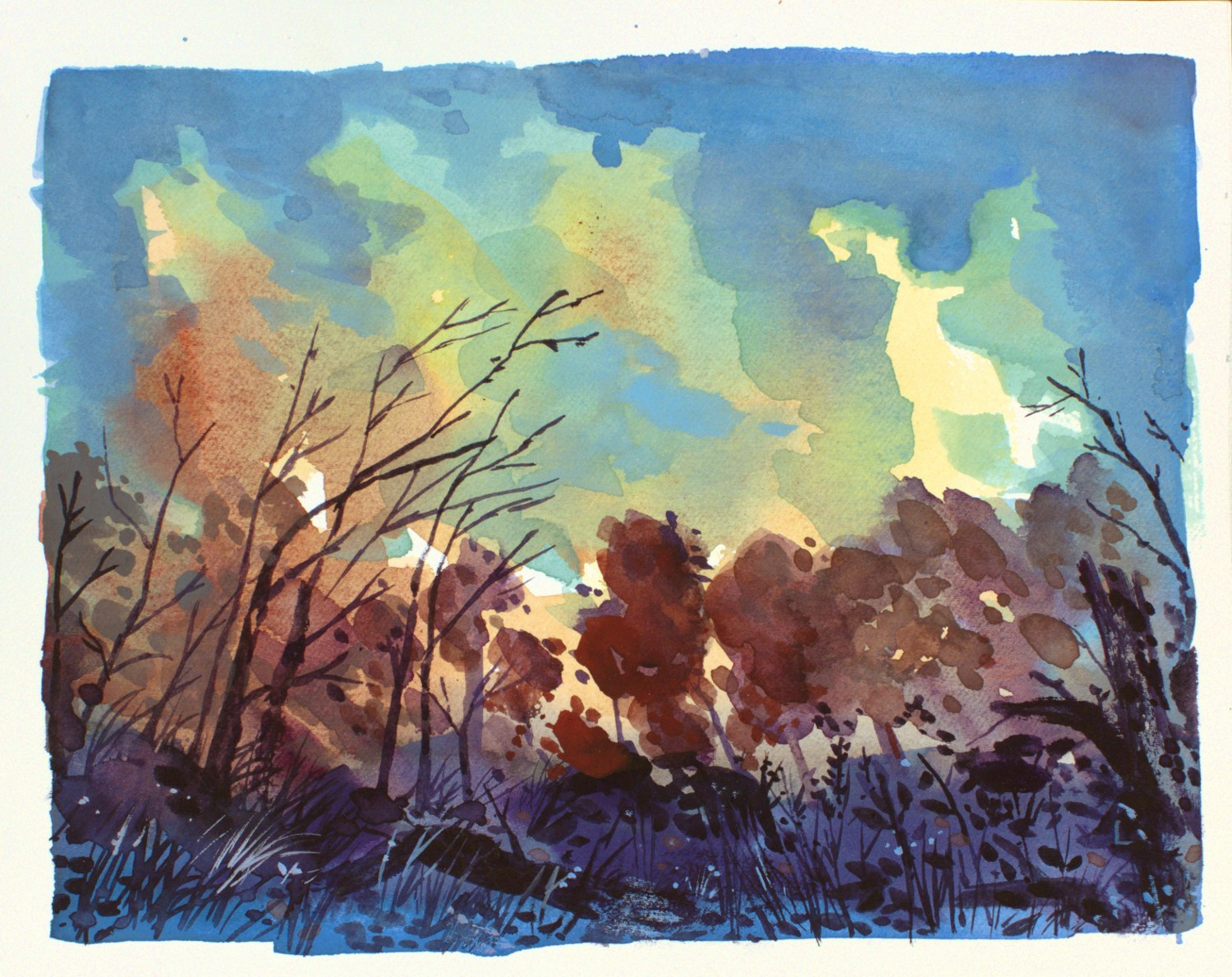 gouache landscape of the sun behind autumn trees and a cold ground, with clouds wafting by