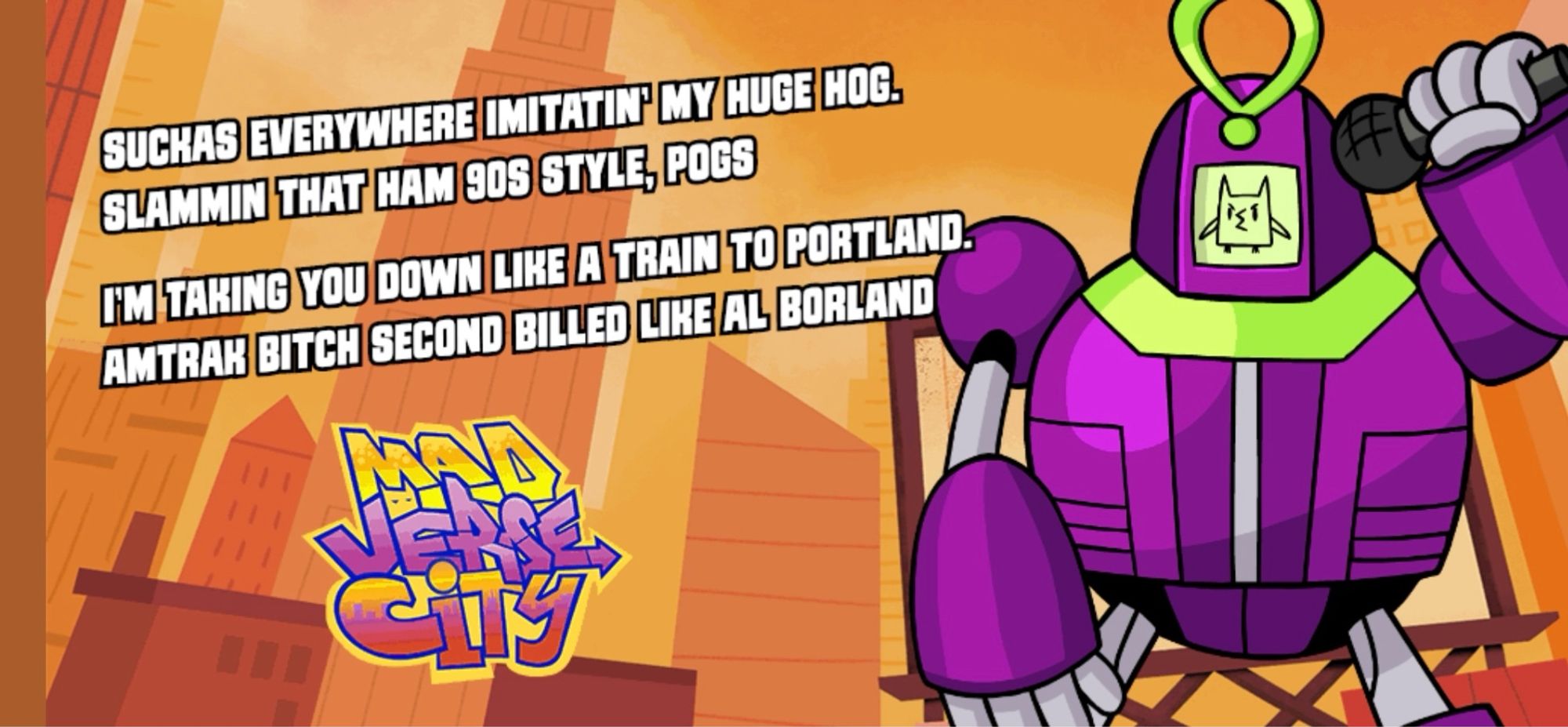 A screenshot of the #JackboxGames end card for a round of Mad Verse City wherein one round the prompts I was given by the game led me to write “Suckas everywhere imitatin’ my Huge hog.
Slammin that ham 90s style, pogs
I’m taking you down like a train to Portland.
Amtrak bitch second billed like Al Borland”