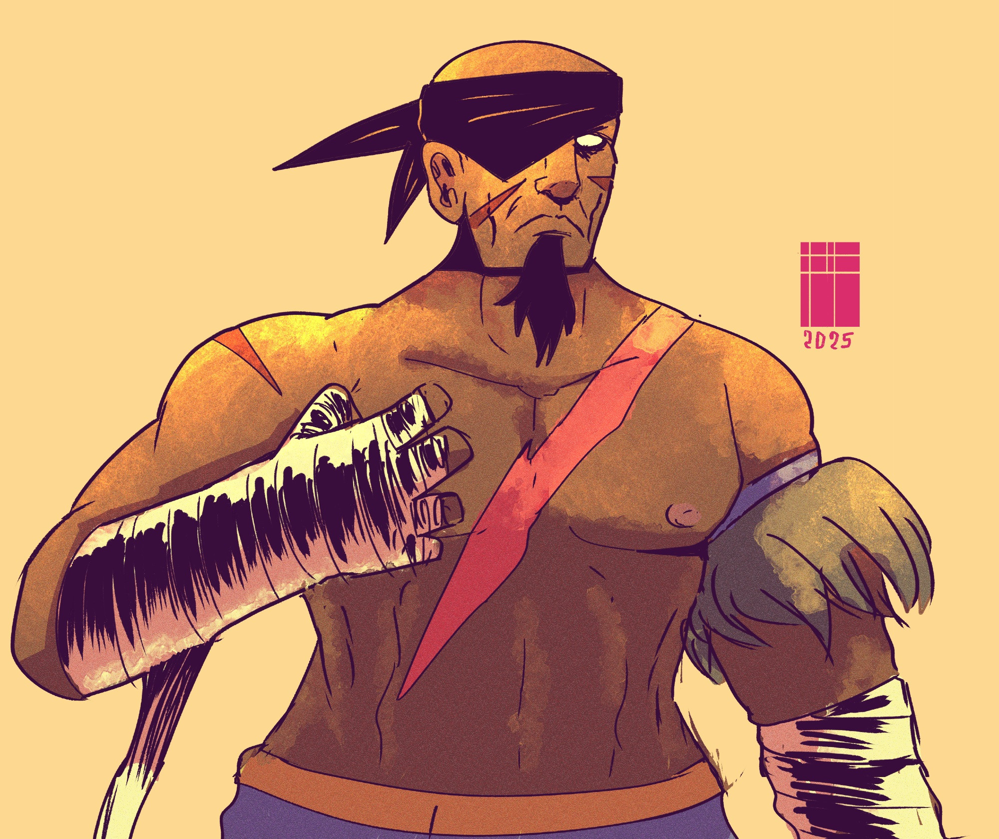 Full shot of a male character, likely from a comic book or video game. He is muscular with a visibly tanned or dark brown complexion. He wears a dark bandanna or blindfold over one eye. His hair is dark and styled in a way that is somewhat short and appears to be shaggy or thick. He has a noticeable beard or mustache. 

The character has numerous scratches or scars visible on his face and chest, which seem to be stylized rather than realistic depictions of wounds. He's wearing dark cloth wraps or bandages on both arms. The bandages are textured and have a patterned appearance similar to fabric strips. 

He has what appears to be woven or decorative arm guards around his upper arms, resembling strips of some sort of vegetation or material. One arm is positioned forward in front of his body, and a reddish-pink slash-like design can be seen across his chest. He also seems to have a stylized band or sash around his midriff.

The background is a pale, yellowish-tan color.