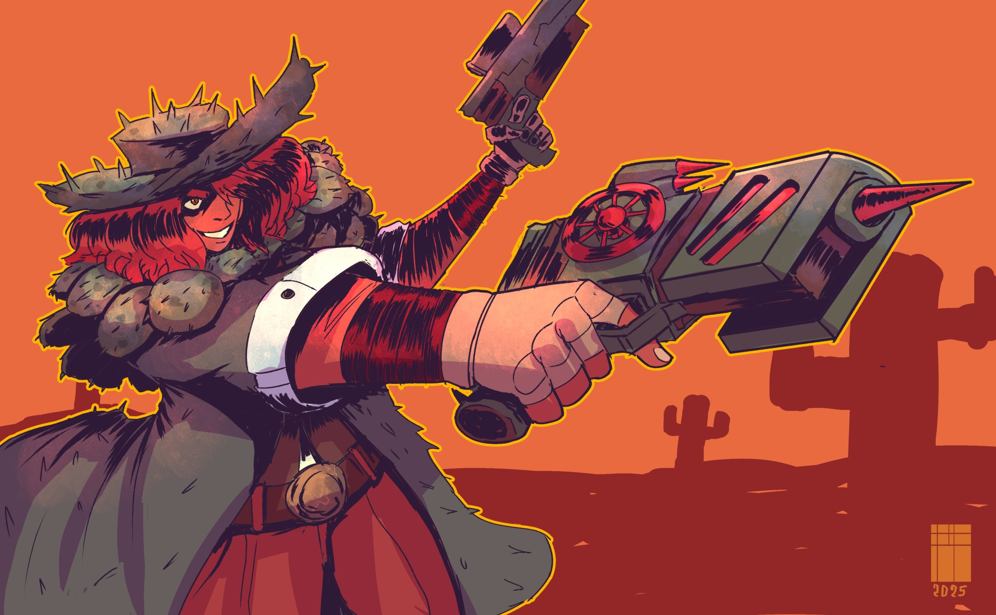 A female character, styled as a steampunk-inspired gunslinger, is depicted in a dynamic pose. 

She wears a wide-brimmed, spiky cactus-decorated hat, and her attire is a combination of dark, muted brownish-gray and reddish-orange, suggesting a worn, practical style. The clothing includes a long coat and reddish-orange pants with a belt buckle. 

The character's arms are bent, gripping a large, ornate, gun-like weapon with a metallic, greenish-gray and reddish-orange design, featuring a prominent spike at the end. The weapon shows mechanical details and has a steampunk aesthetic in its look.

Her hair is a vibrant, fiery red, and her expression is confident and slightly mischievous. 

The backdrop is a muted, yellowish-orange landscape, reminiscent of a desert scene with silhouettes of cacti. The color palette is vibrant but muted, giving a sense of warmth and dryness. The style is reminiscent of a graphic novel or comic book illustration.