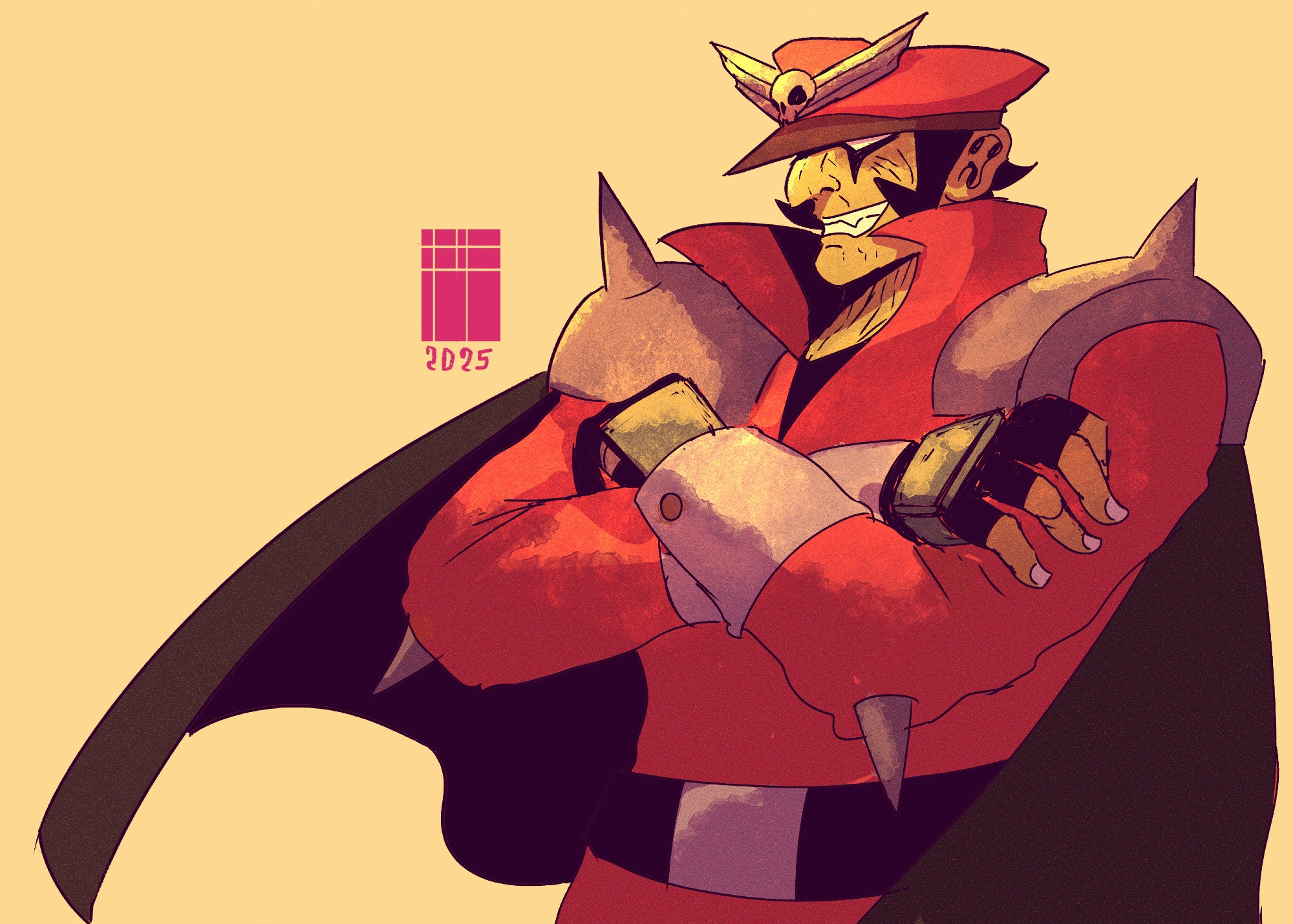 A stylized illustration of a character, likely from a video game or comic book. The character is a man with a serious expression, a wide, slightly sinister smile, and a mustache. He is wearing a red, almost crimson, jacket-like top with a dark, almost black cape draped over his shoulders. 

The jacket has a noticeable, armored, and spiked appearance around the shoulders and arms.  A dark-colored, possibly leather-like, gauntlet or sleeve piece is visible on his arms. The same color accents are on the shoulders, sleeves, and the edges of the costume. He sports a distinctive, red, peaked cap with what looks like insignia or small embellishments. Parts of the character's face and clothing have a slightly rough texture, suggesting a digital or pixel-art aesthetic.

The background is a pale, yellowish beige