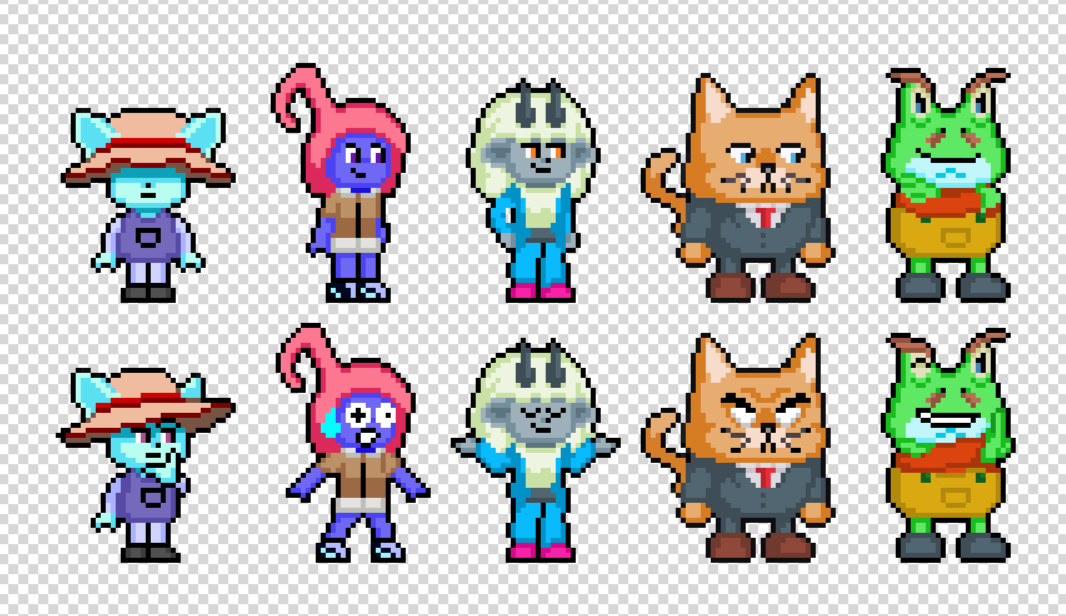 Retro RPG-styled anthropomorphic animals 

Cyan fox wearing a big sunhat and an apron, blue humanoid with red hair shaped like a music note, white sheep with blye jacket, orange cat in a business suit, green frog with dungarees and a moustache