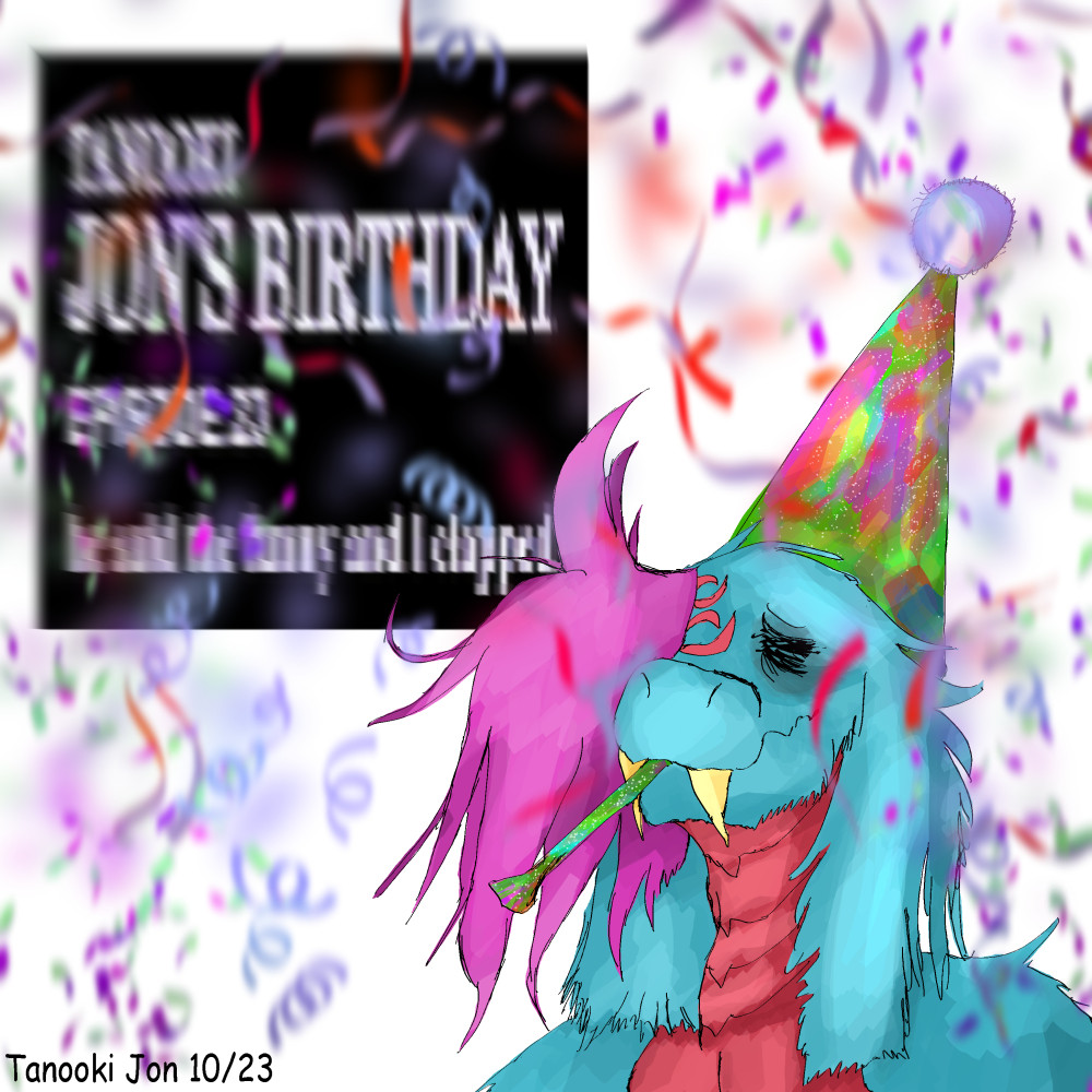 fluffy anthro snake in birthday party attire with blurry confetti raining down