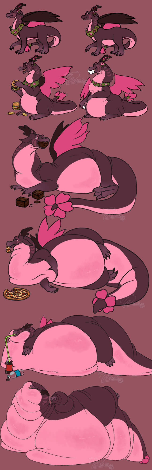 A drawing of a pink flower dragoness weight gaining in a sequence / progression. She starts off small, begging for food. Then after she starts to eat her belly starts to fill out. Shortly after, her neck and thighs start putting on the pounds. She keeps stuffing herself with various foods. Her tummy, neck, thighs and tail eventually get so big and heavy they start to lift her off the ground. She then is laying on a water bed of her own chub. The second to last picture she is trying to continue to get bigger by drinking soda with an extra long straw. Feeling uncomfortable, so full, she pushes her limit and ends up in the last progression picture. Where she has fat rolls everywhere, her neck pushes her head back, her legs outstretched supported by her rounded girth.

#fatfur #inflation #wg #foodie #feedee #furry #scalie #kink