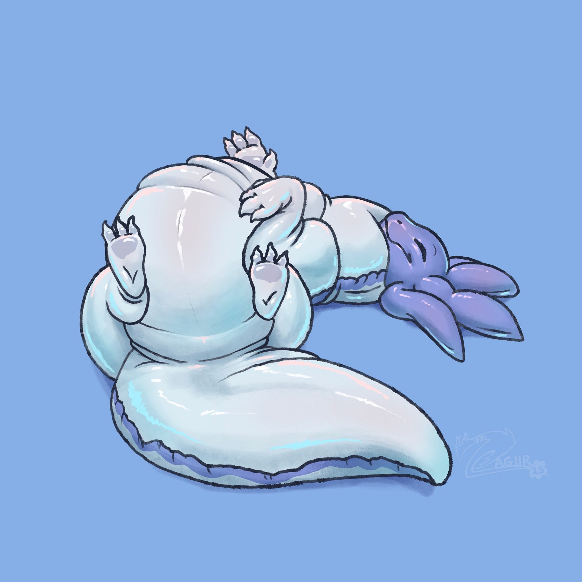 Digital drawing of a fat chubby sea slug dragon. The character is laying on their back with their big round tummy / belly sticking out
#fatfur #furry #scalie #wg #weightgain #inflation #kink