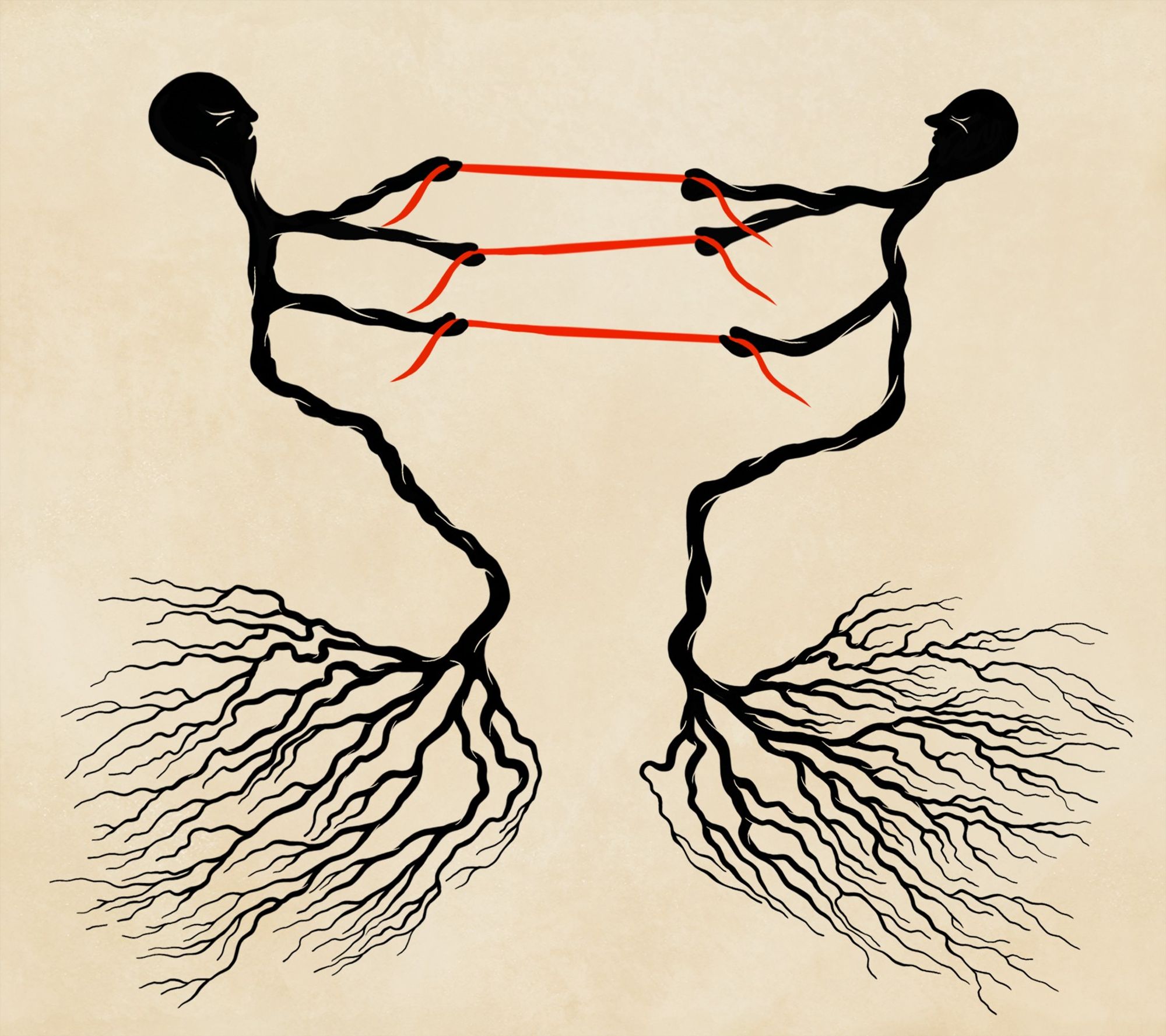 Two neurons playing tug of war with 3 ropes