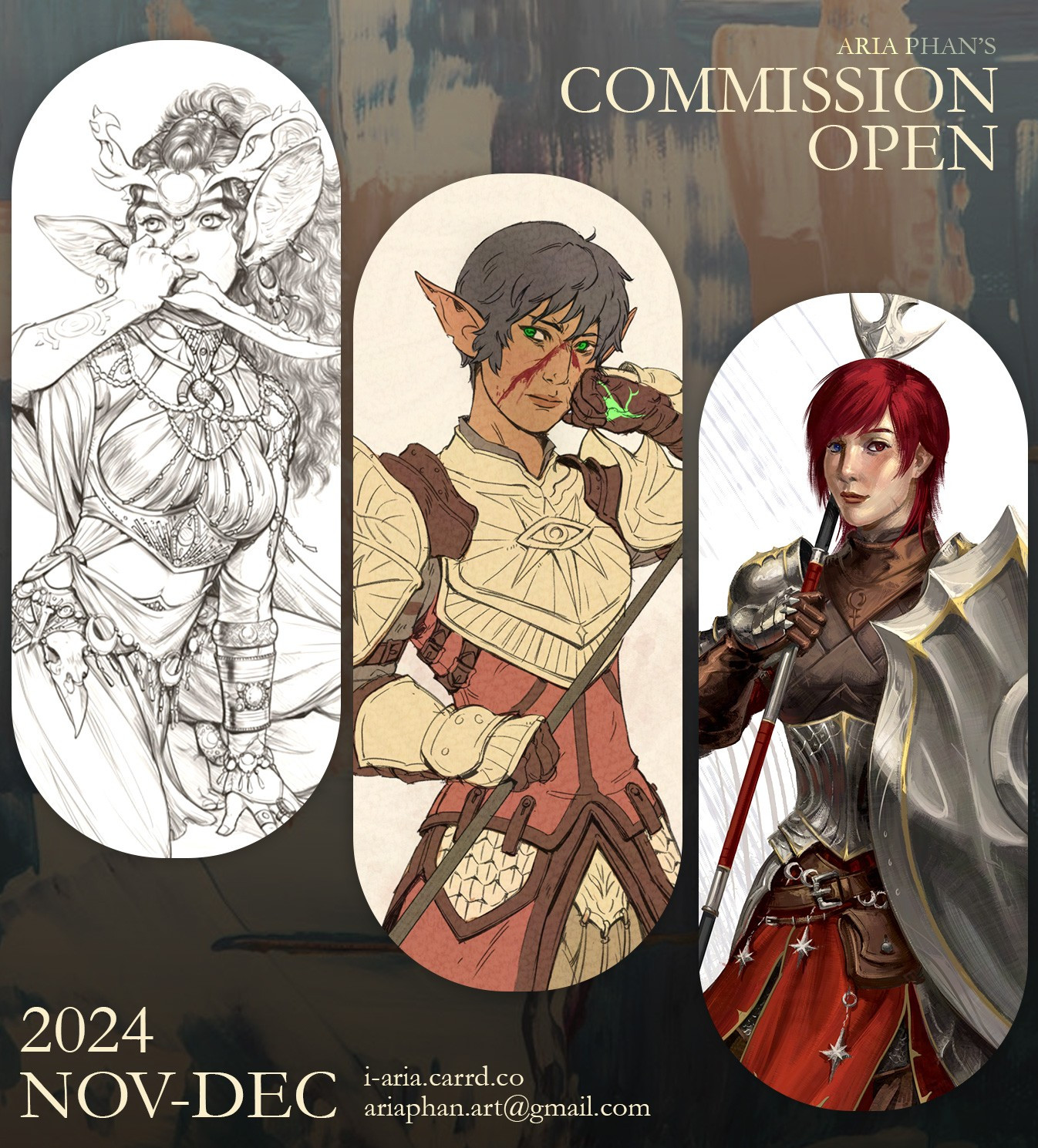 advertisement poster for my commission including 3 pieces: linework sketch, flat colors, and full painting.