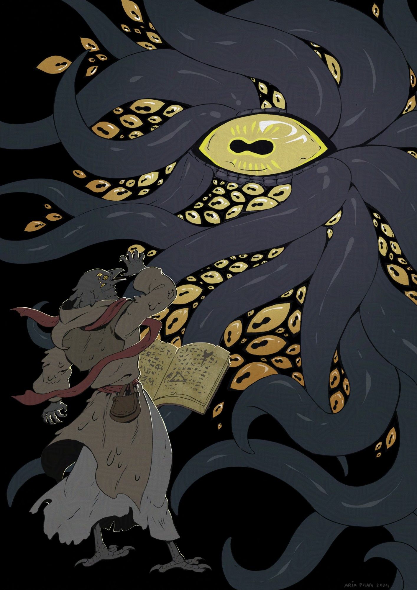 raven-headed warlock's first encounter with an Eldritch Horror with many eyes and tentacles.