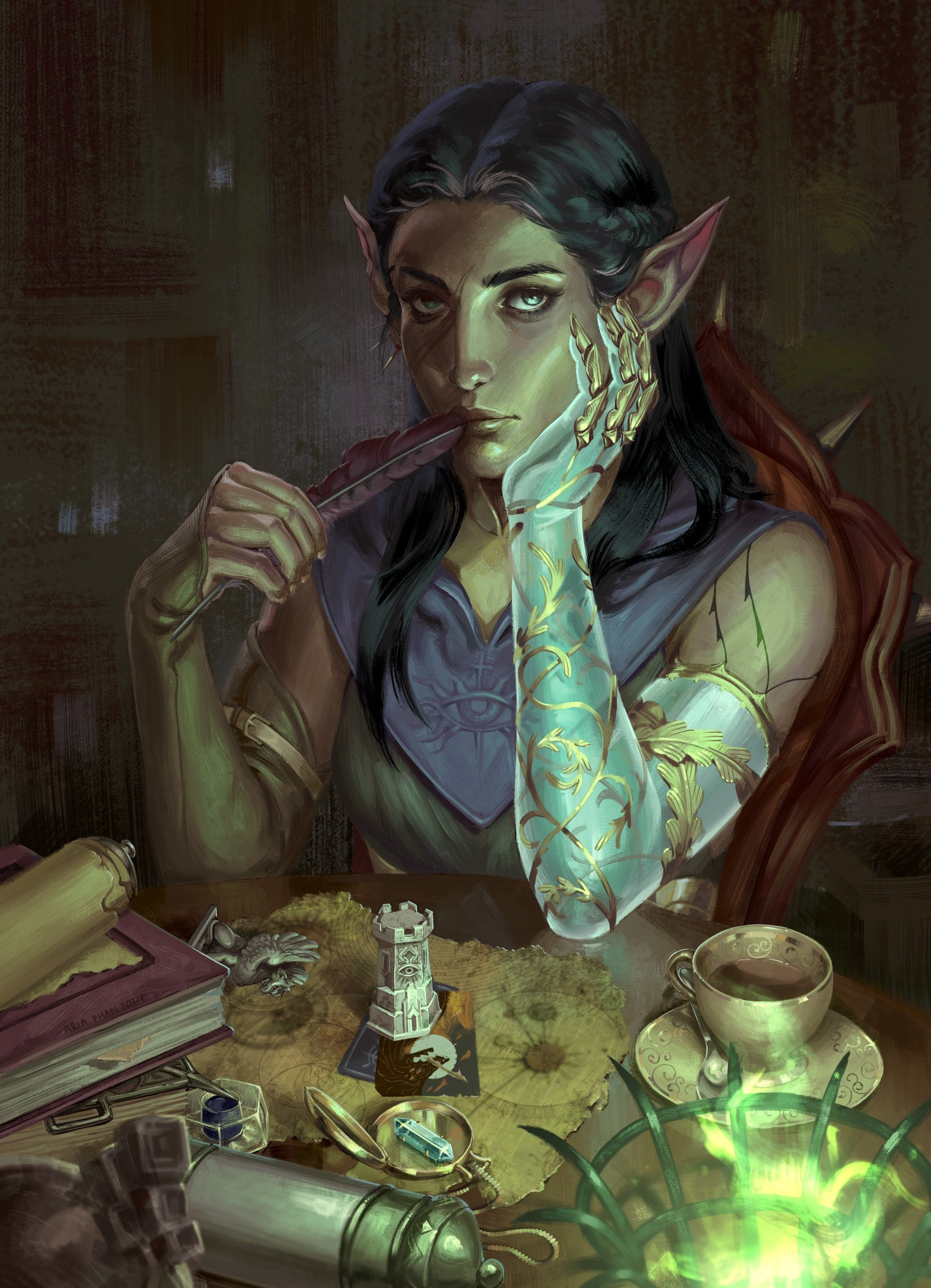 A black-haired, brown olive-skinned female Lavellan Inquisitor sitting behind a round table with many items on it: a stack of books and scrolls to the left; a small and jagged piece of arcane text open before her, a Dreadwolf tarot card weighed down by a small Rook chess statue, a small knocked down griffon statue, Dorian's sending crystal, a teacup set with gold ornaments, and an Elvhen Artifact. The scene is illuminated by a single Veilfire and Yaran's magical blue-glowing prosthetic arm. She's looking straight at the viewer, holding a writing quill to her lips with her right hand, and the prosthetic left hand cupping the side of her face.