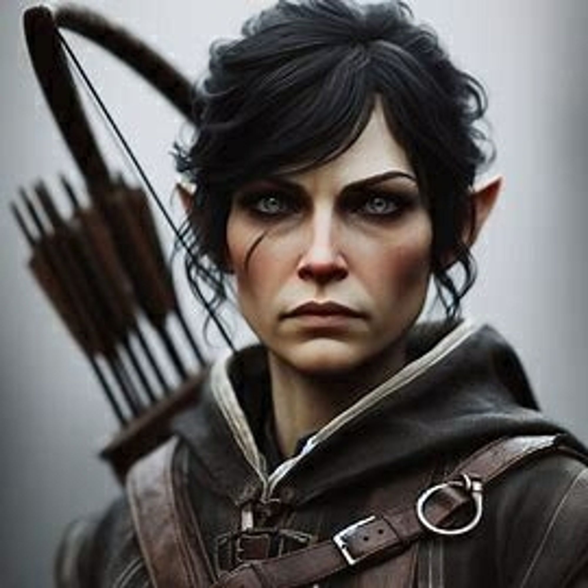 A dark haired woman, staring into the distance with a haunted look on her face. Her features look more elven than halfling. A quiver and bow are slung on her back