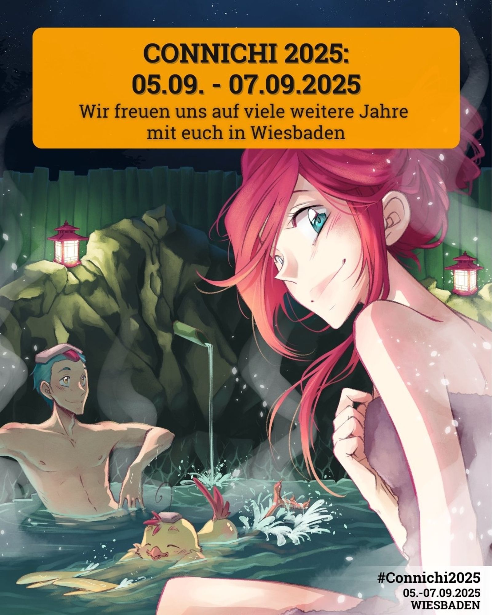 Artwork der Connichi, Yuki, Aiko und Pochi in einem Onsen. Aufschrift: Connichi 2025: 05.09. - 07.09.2025 - Wir freuen uns auf viele weitere Jahre mit euch in Wiesbaden