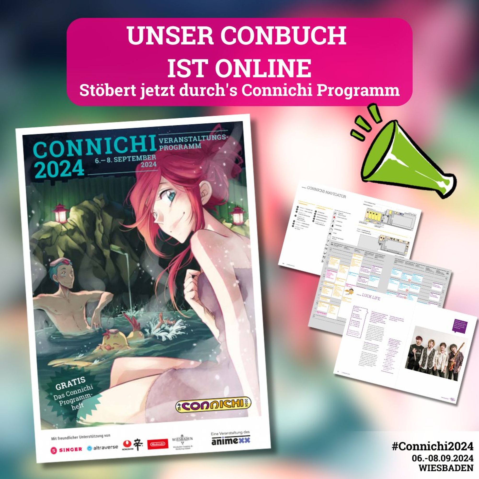 Bild des Connichi Conbuch 2024 mit der Aufschrift: Unser Conbuch ist online. Stöbert jetzt durch's Connichi Programm