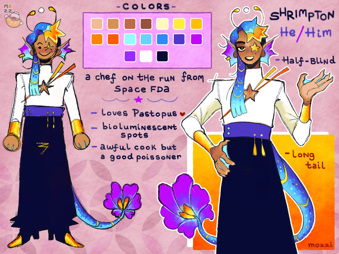 A reference sheet of my OC, Shrimpton. He's based off a giant blue prawn with an overall space theme